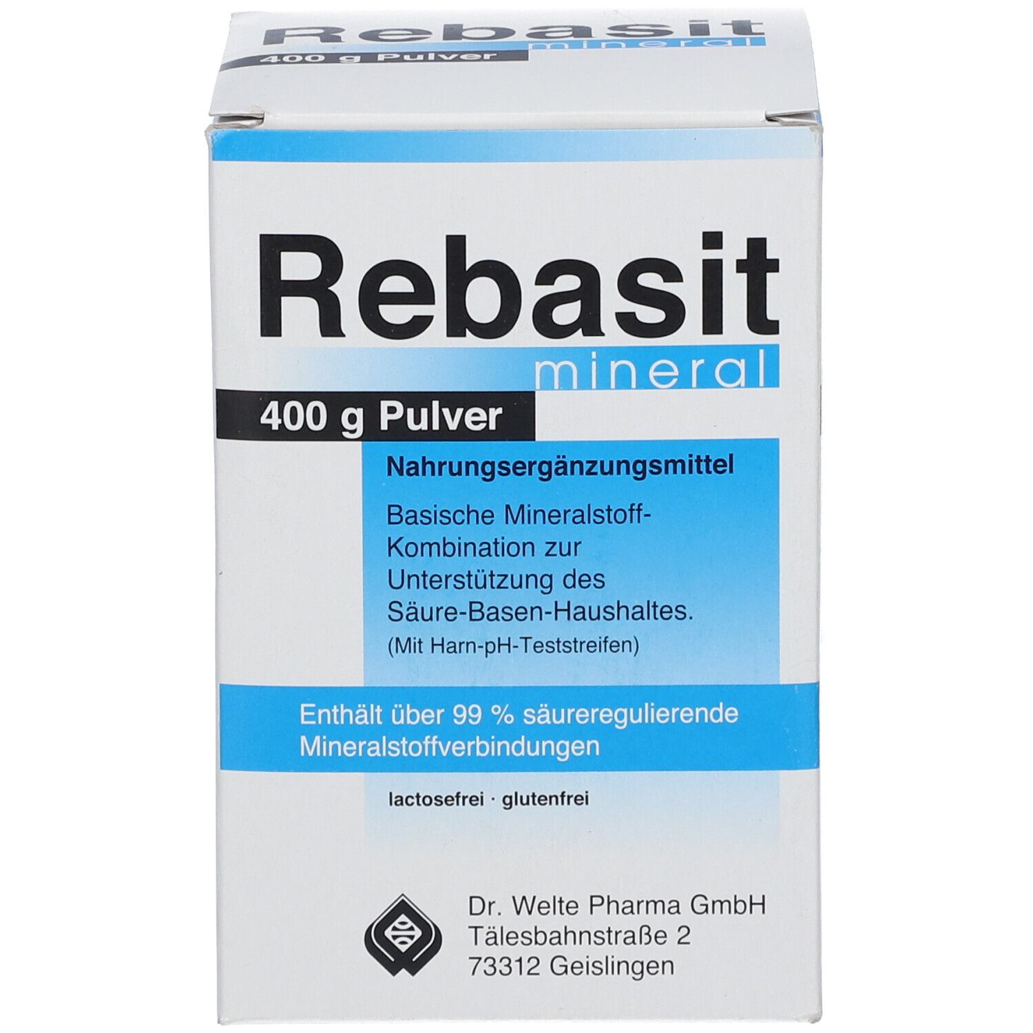 Karton mit Aufschrift: Rebasit mineral, 400 g Pulver. Blaue Verpackung mit Produktinformationen und Logo.