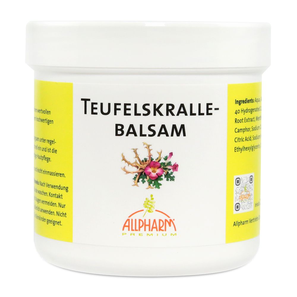 Weißer Tiegel mit gelbem Etikett. Aufschrift: Teufelskralle-Balsam. Logo: Allpharm. Abbildung: Teufelskralle und Blüte.