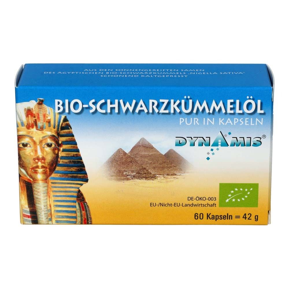 Boîte bleue et blanche de gélules d'huile de cumin noir BIO. Logo : pyramides, masque de pharaon. Texte : DYNAMIS®, BIO-SCHWARZKÜMMELÖL PUR.