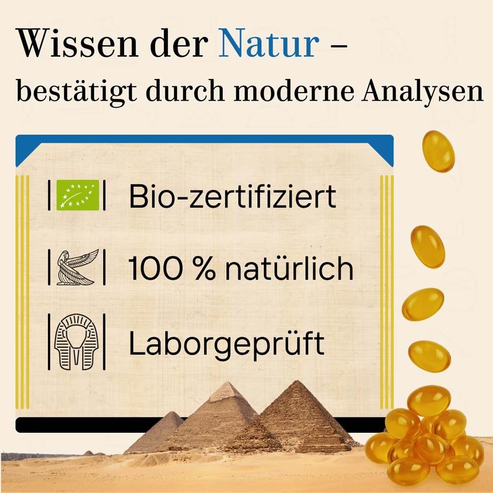 Graphique avec gélules jaunes, pyramides et texte. Texte : Savoir de la nature - bio-certifié, 100% naturel, testé en laboratoire.