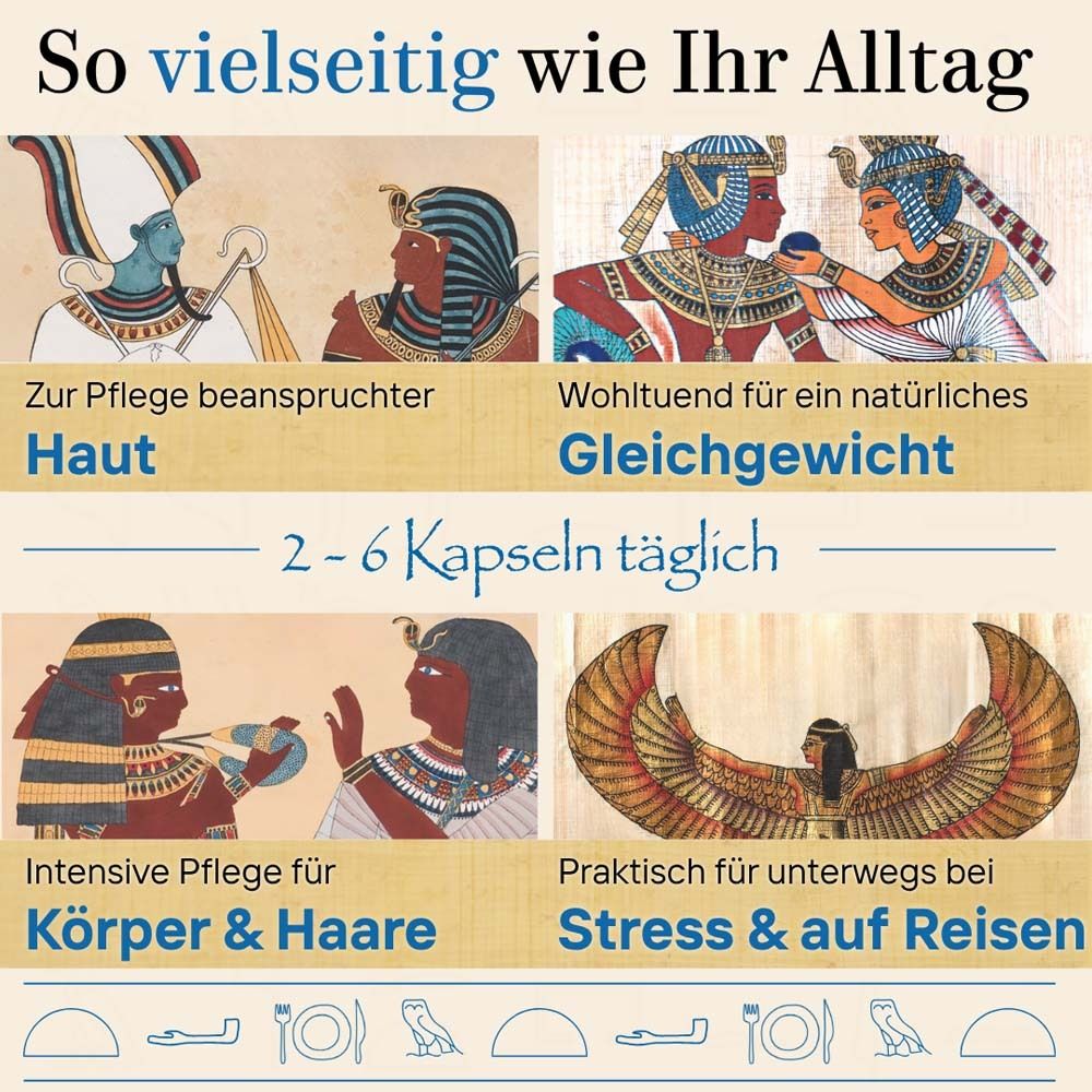 Graphique avec illustrations égyptiennes et texte. Texte : Aussi polyvalent que votre quotidien. Peau, équilibre, corps & cheveux, stress & voyages.