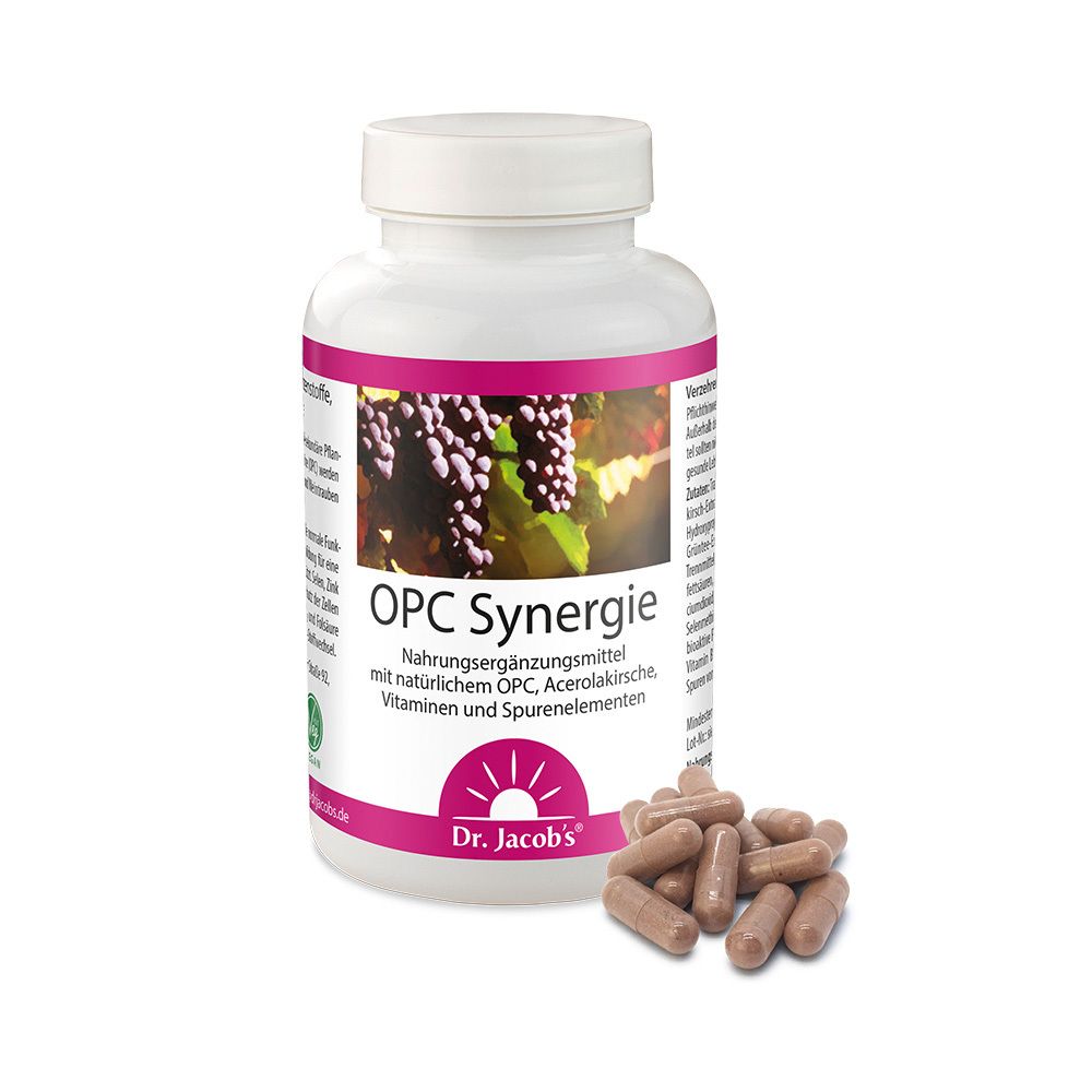 Flacon bleu avec OPC Synergie. Texte: Aperçu des avantages. Ingrédients: vitamines, oligo-éléments, substances végétales. Marque de pharmacie. Fabriqué en Allemagne.