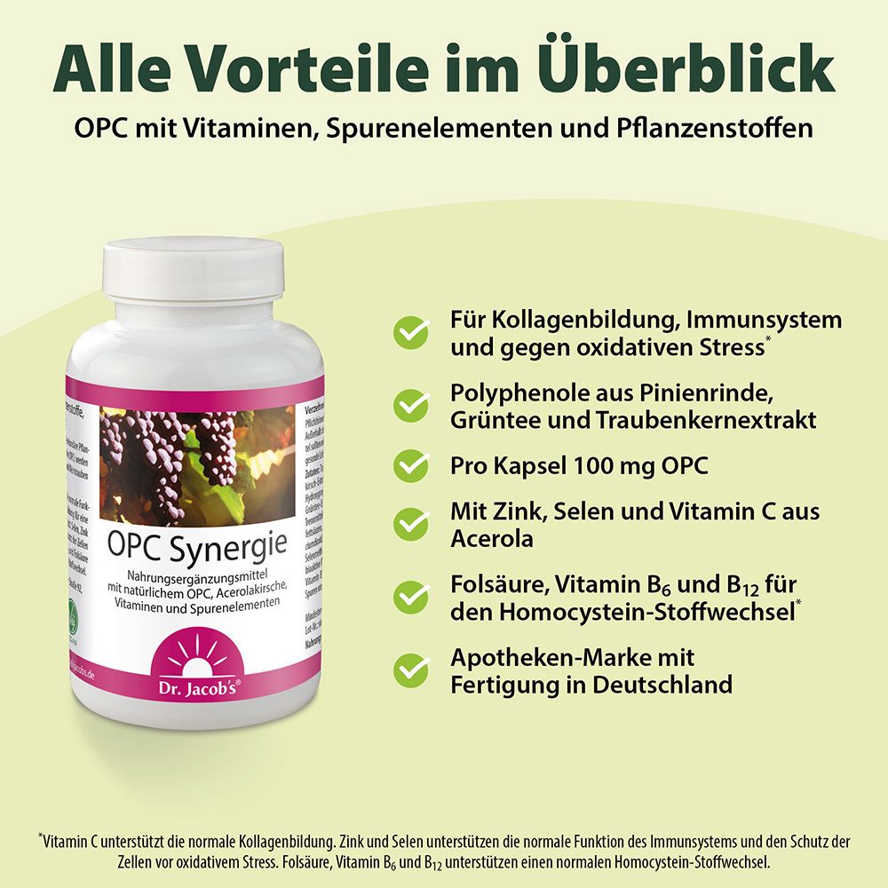 Graphique avec flacon OPC Synergie. Ingrédients: Vegan, 100 mg/gélule, Vitamine C, E, B, B6, B12, Zinc, Sélénium, Polyphénols, OPC extrait de pépins de raisin.