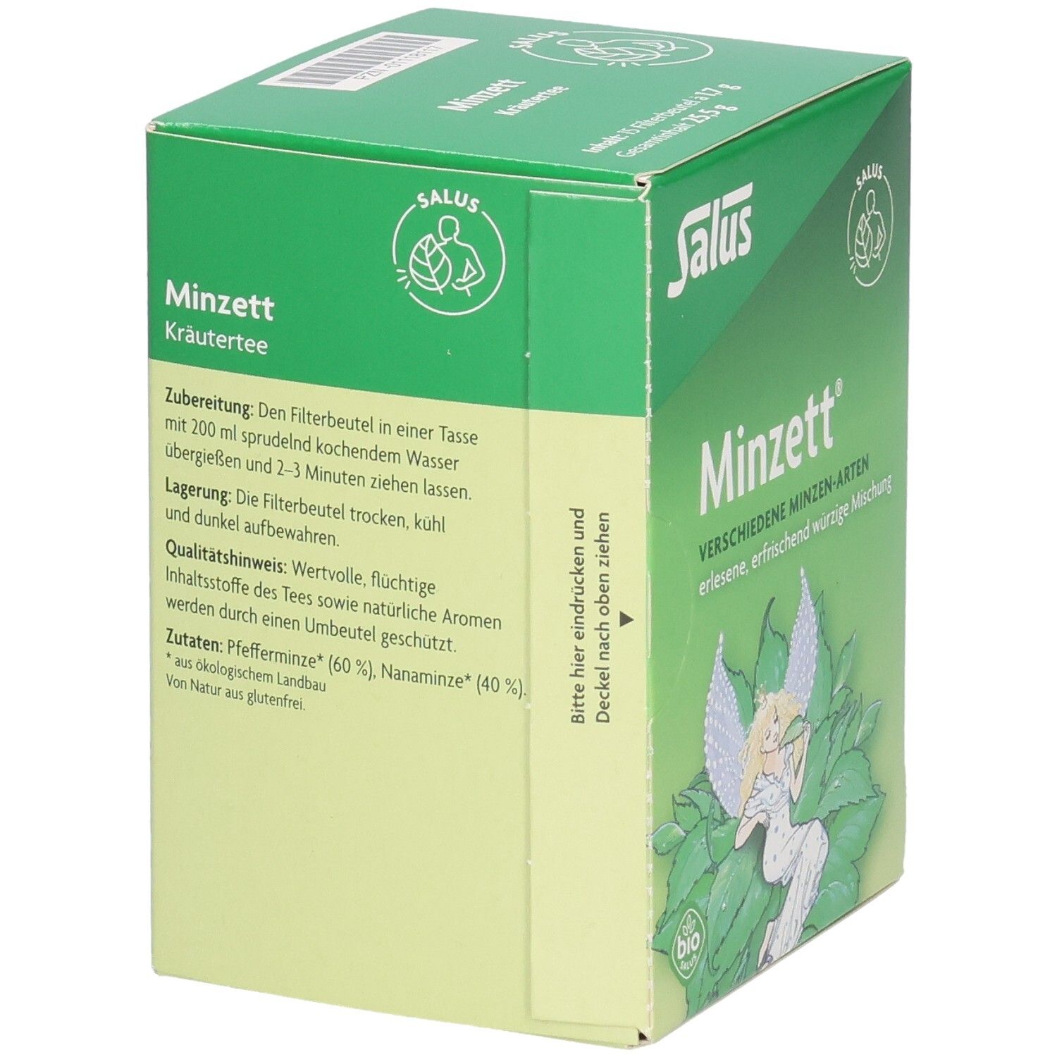 Grüne Schachtel Salus Minzett Kräutertees. Text: Zubereitung, Zutaten, Bio-Siegel. Aufdruck: Minzett, Engel-Illustration.