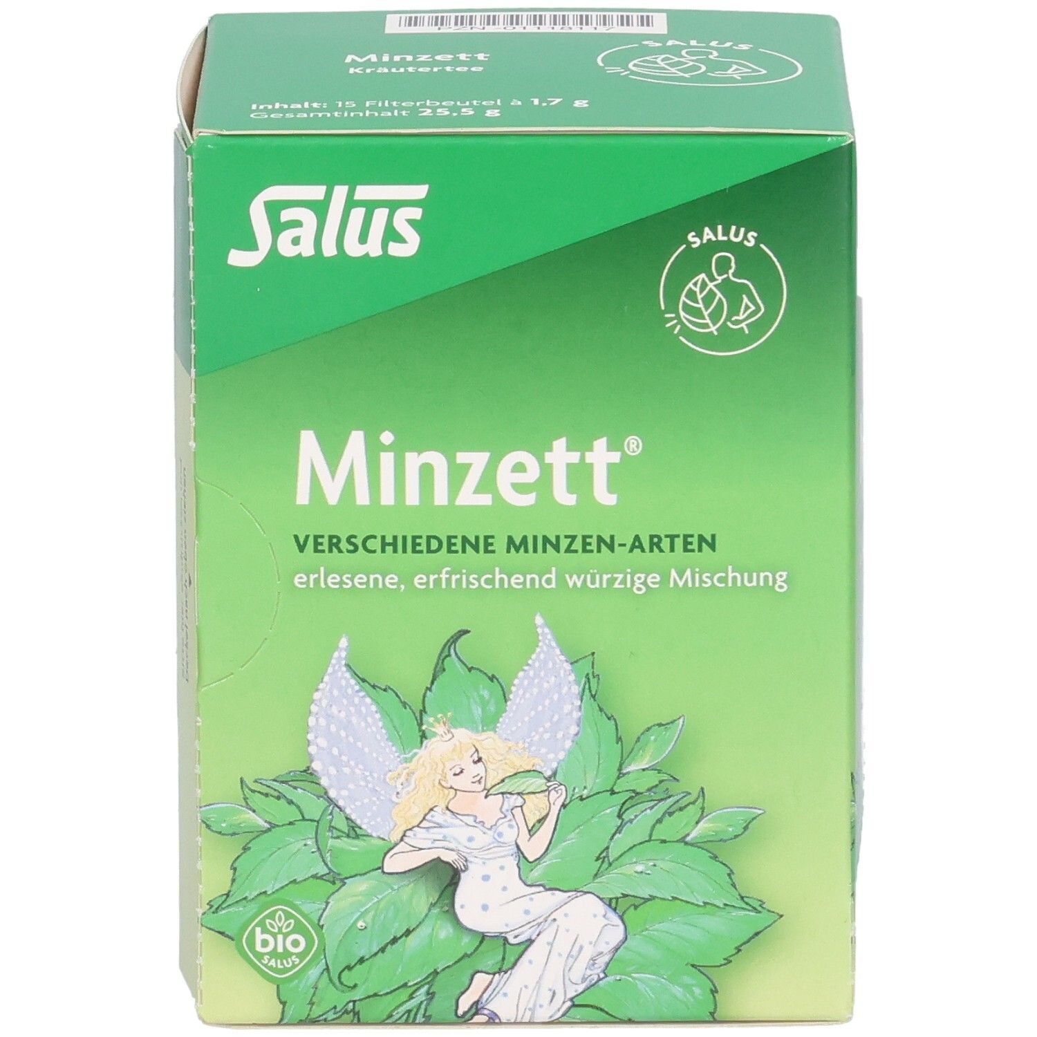 Grüne Schachtel Salus Minzett Kräutertees. Aufdruck: Minzett, verschiedene Minzen-Arten, Bio-Siegel, Engel-Illustration.