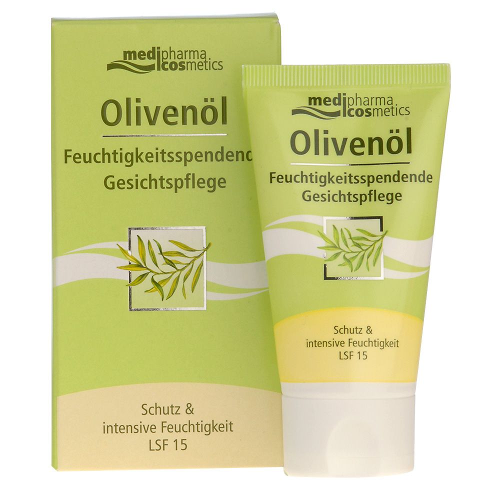 Tube et boîte vertes avec nom du produit et illustration de branche d'olivier. Texte : Feuchtigkeitsspendende Gesichtspflege, LSF 15.