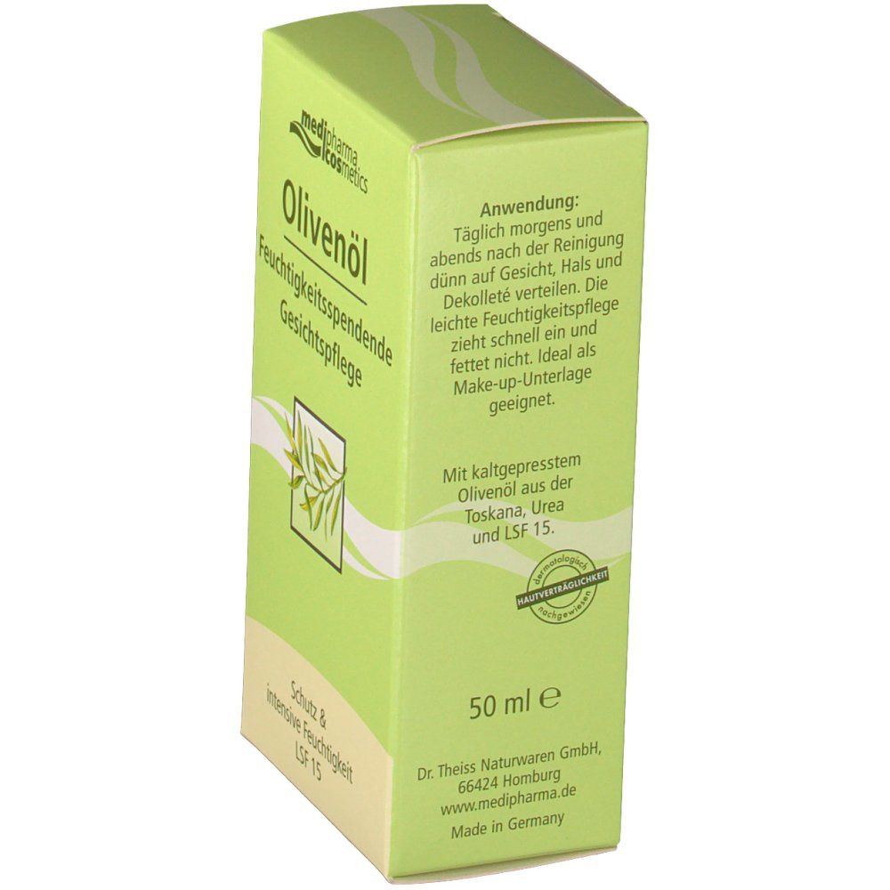 Boîte verte avec nom du produit et illustration de branche d'olivier. Texte : Feuchtigkeitsspendende Gesichtspflege, 50 ml e.