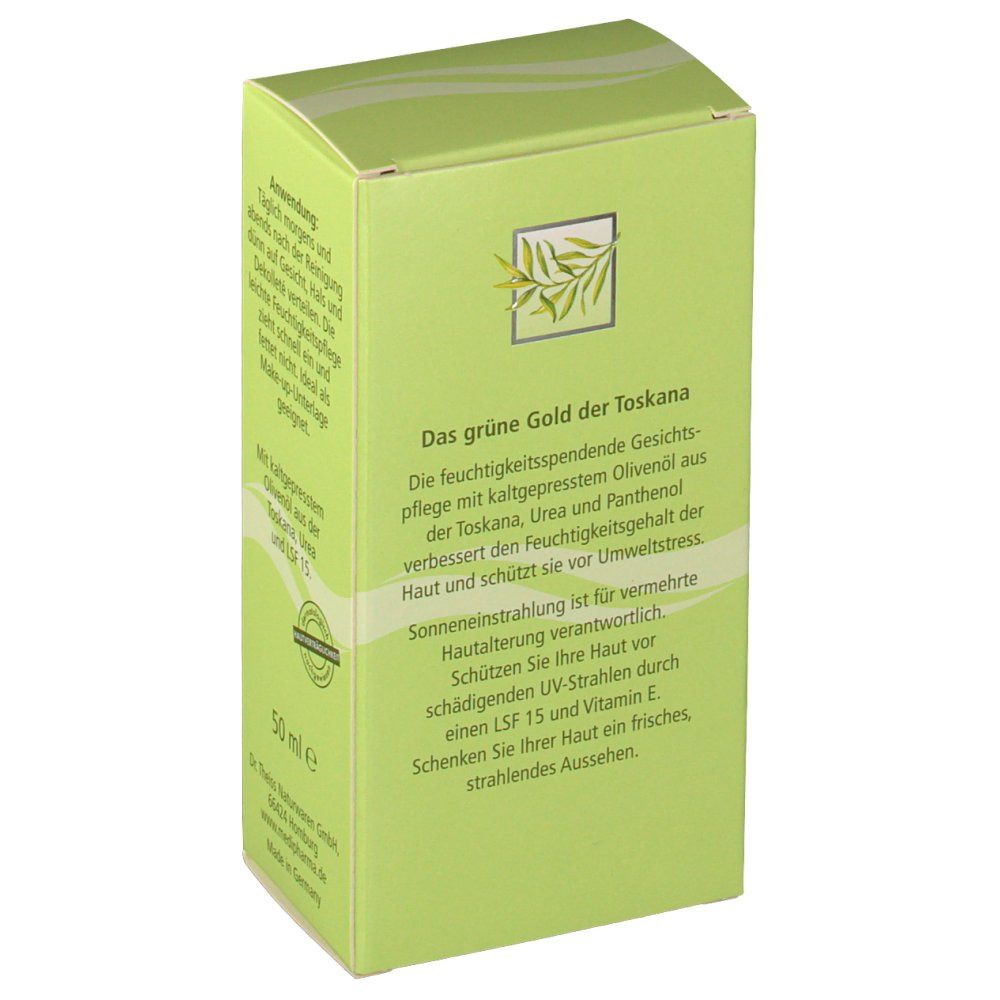 Boîte verte, texte : Das grüne Gold der Toskana. Feuchtigkeitsspendende Gesichtspflege, LSF 15. 50 ml e.