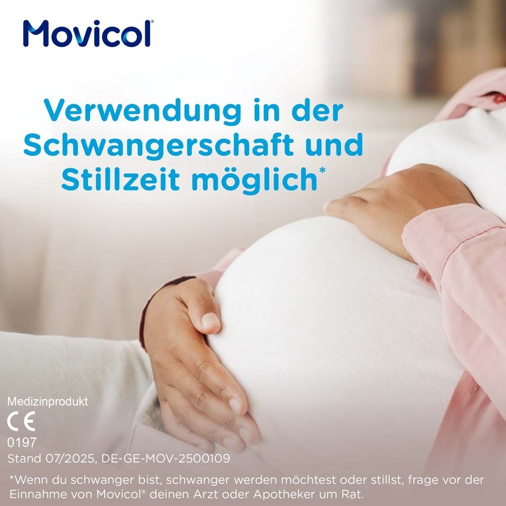 Schwangere Frau, die ihren Bauch hält. Text: Verwendung in der Schwangerschaft und Stillzeit möglich. Medizinprodukt.