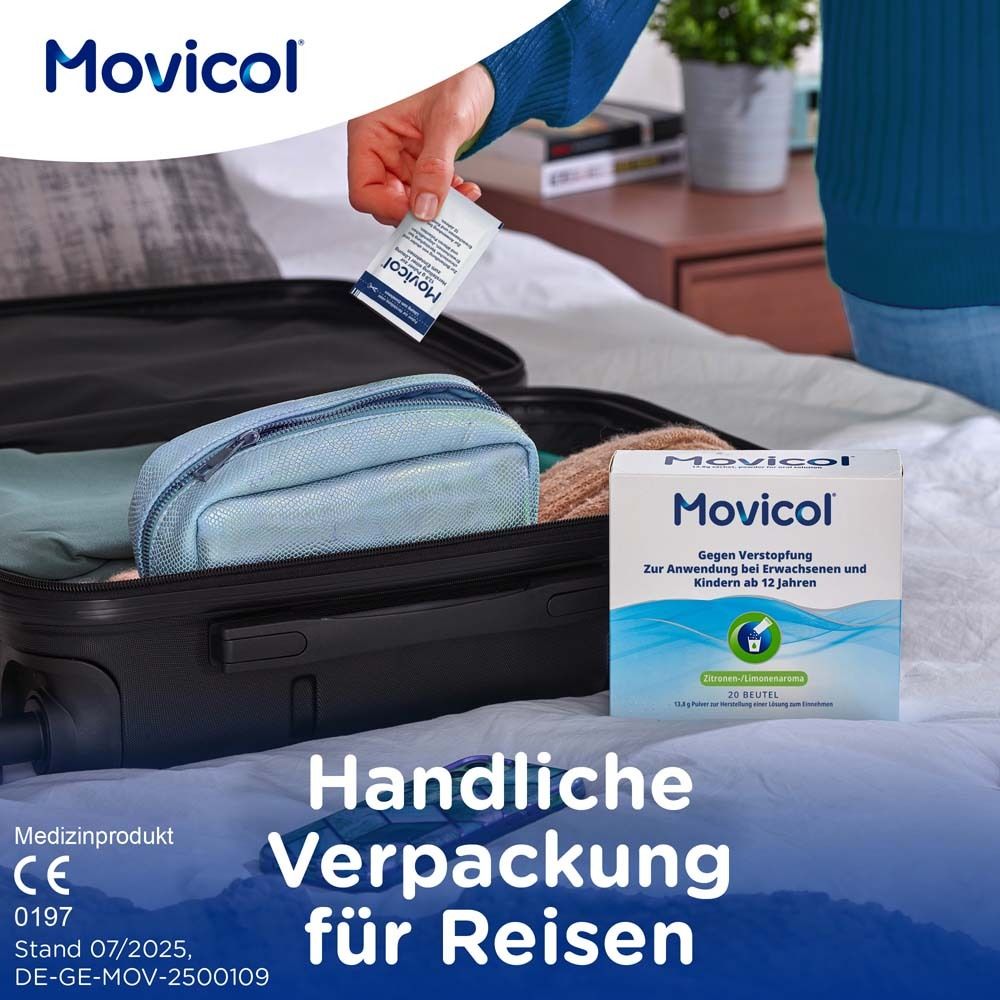 Handliche Verpackung für Reisen. Eine Hand hält eine Packung, daneben ein Koffer. Medizinprodukt.