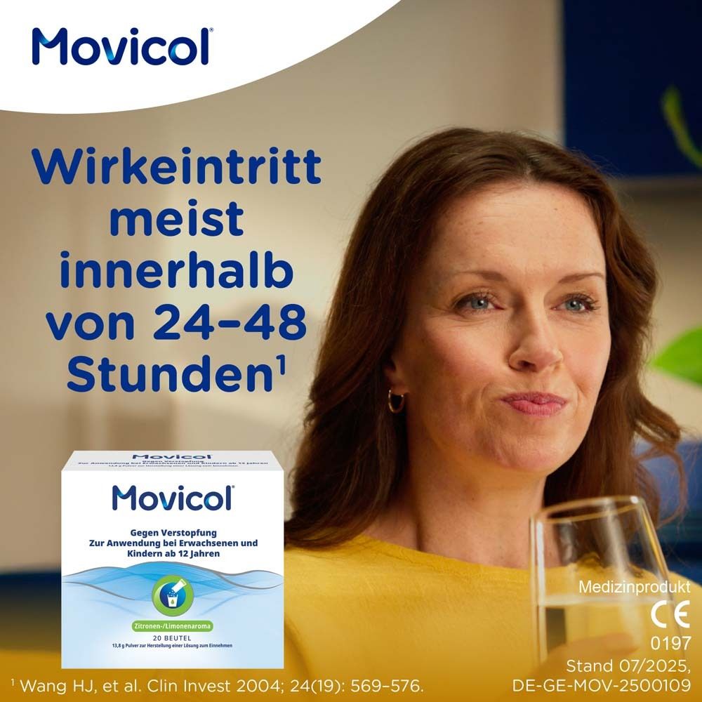 Frau mit Glas, daneben eine Packung. Text: Wirkungseintritt meist innerhalb von 24-48 Stunden. Medizinprodukt.