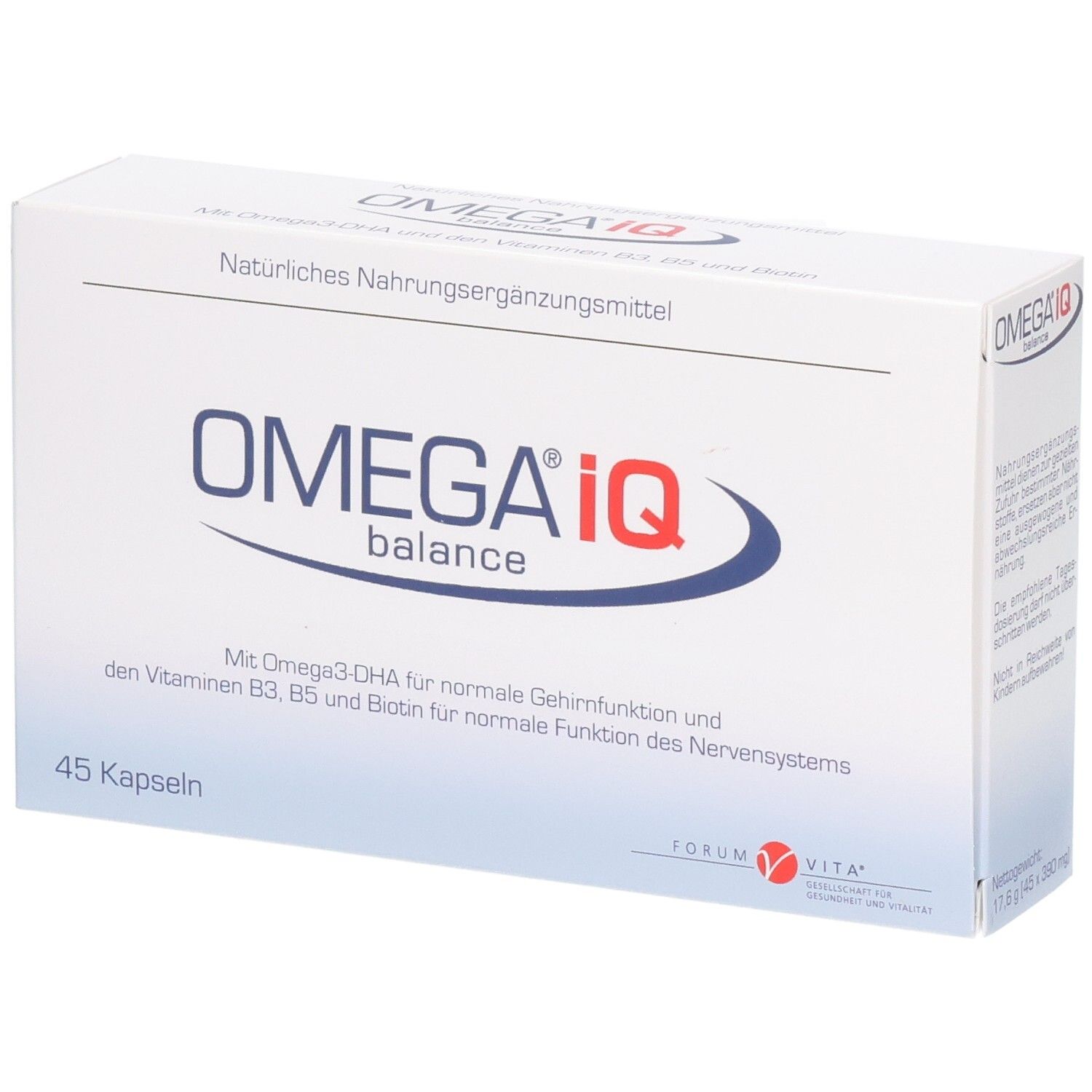 Gélules OMEGA IQ balance : Complément alimentaire naturel avec Oméga-3-DHA, vitamines B3, B5 et biotine. 45 gélules.
