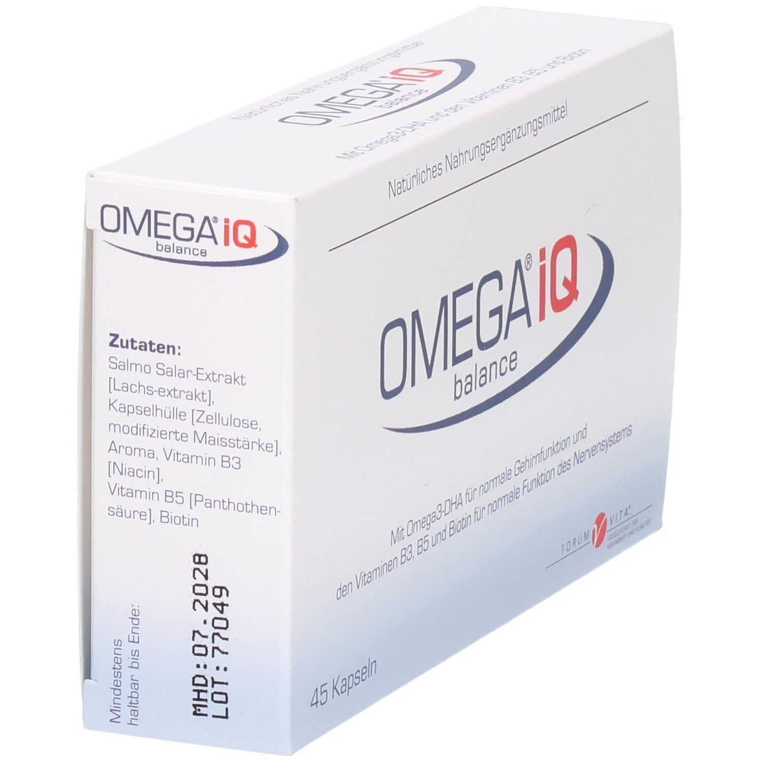 Gélules OMEGA IQ balance : Liste des ingrédients avec extrait de saumon, vitamines B3, B5, biotine. DDM et numéro de lot visibles.