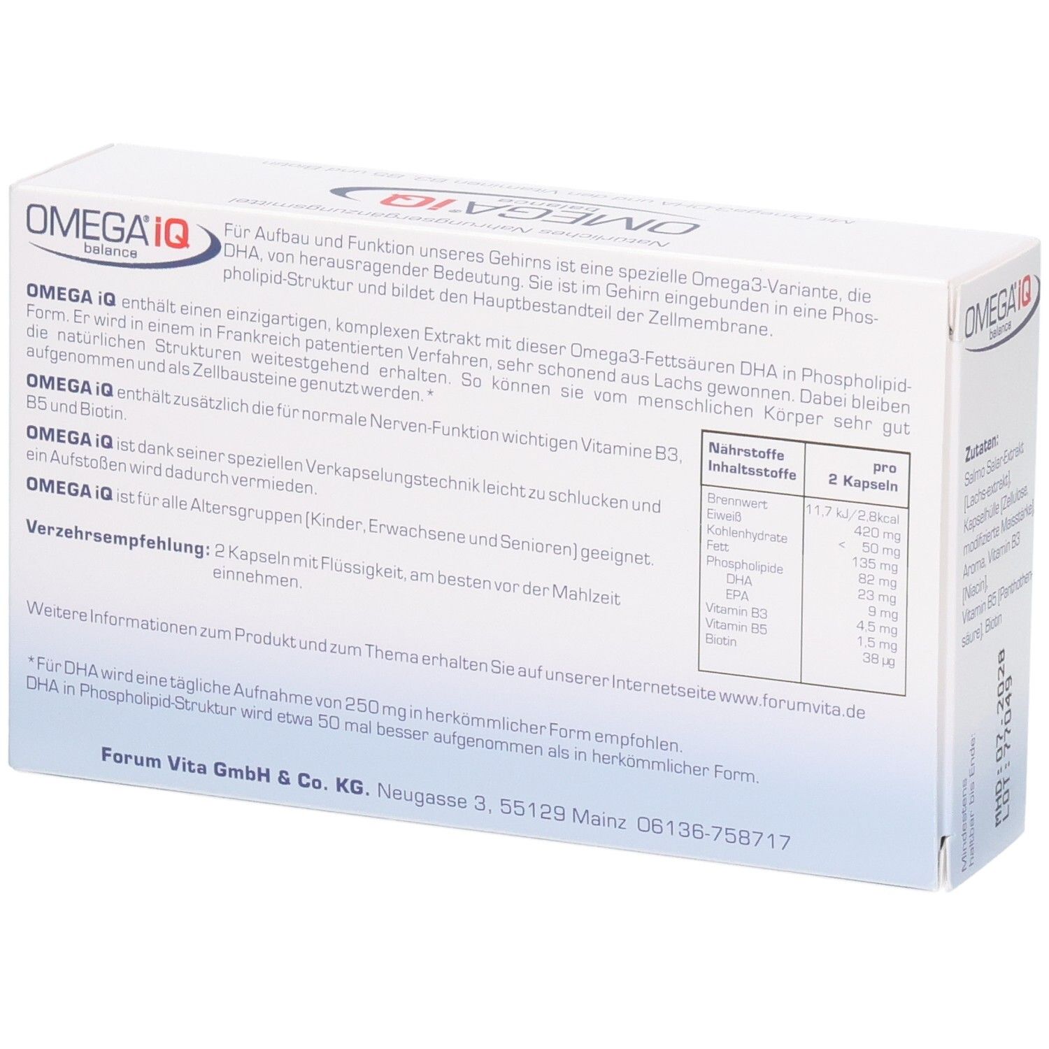 Dos OMEGA IQ balance : Informations sur Oméga-3-DHA, vitamines B3, B5, biotine. Tableau nutritionnel et recommandation de consommation.