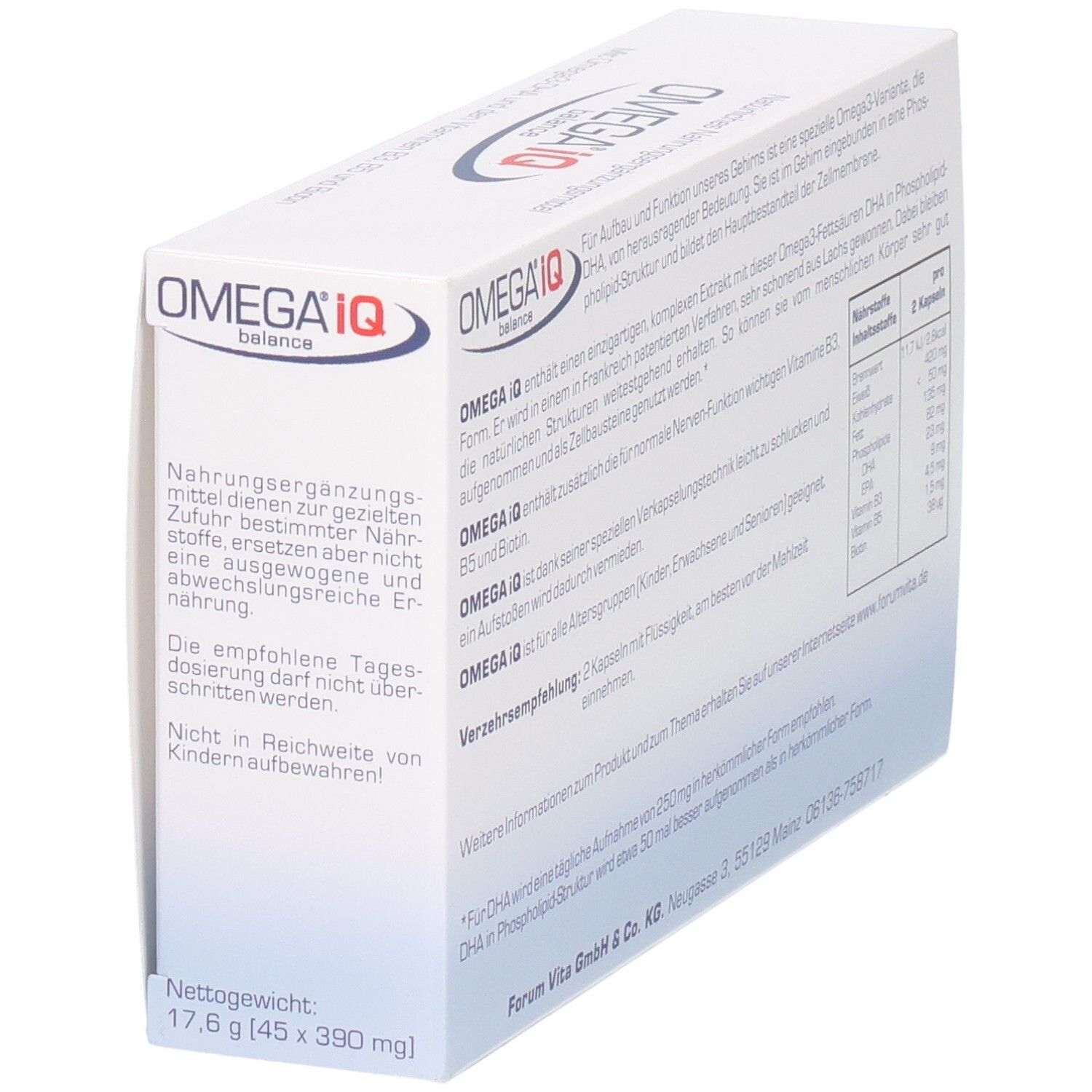 Côté OMEGA IQ balance : Instructions d'utilisation, dosage et conservation. Poids net 17,6g (45x390mg).