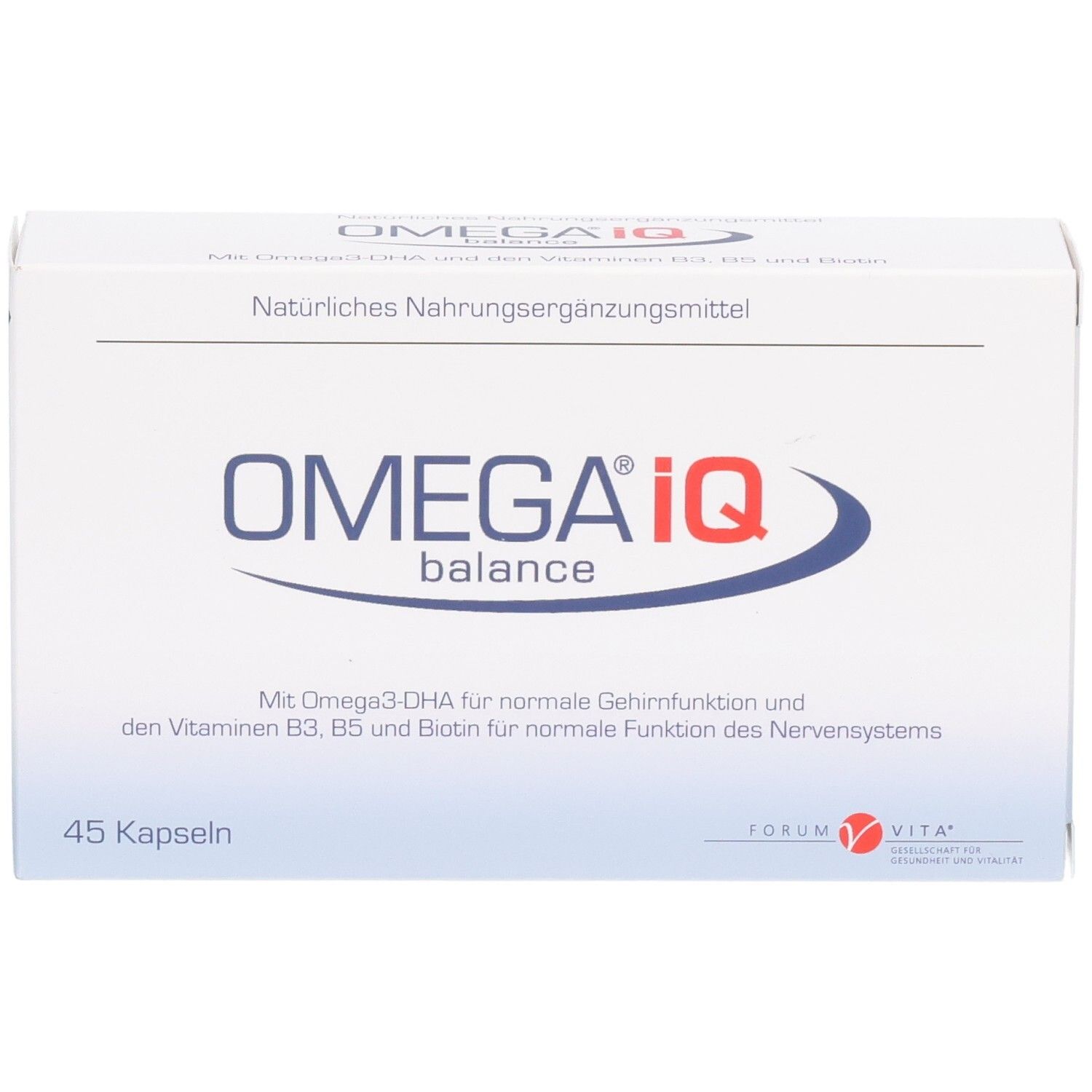 Gélules OMEGA IQ balance : Complément alimentaire naturel avec Oméga-3-DHA, vitamines B3, B5 et biotine. 45 gélules.