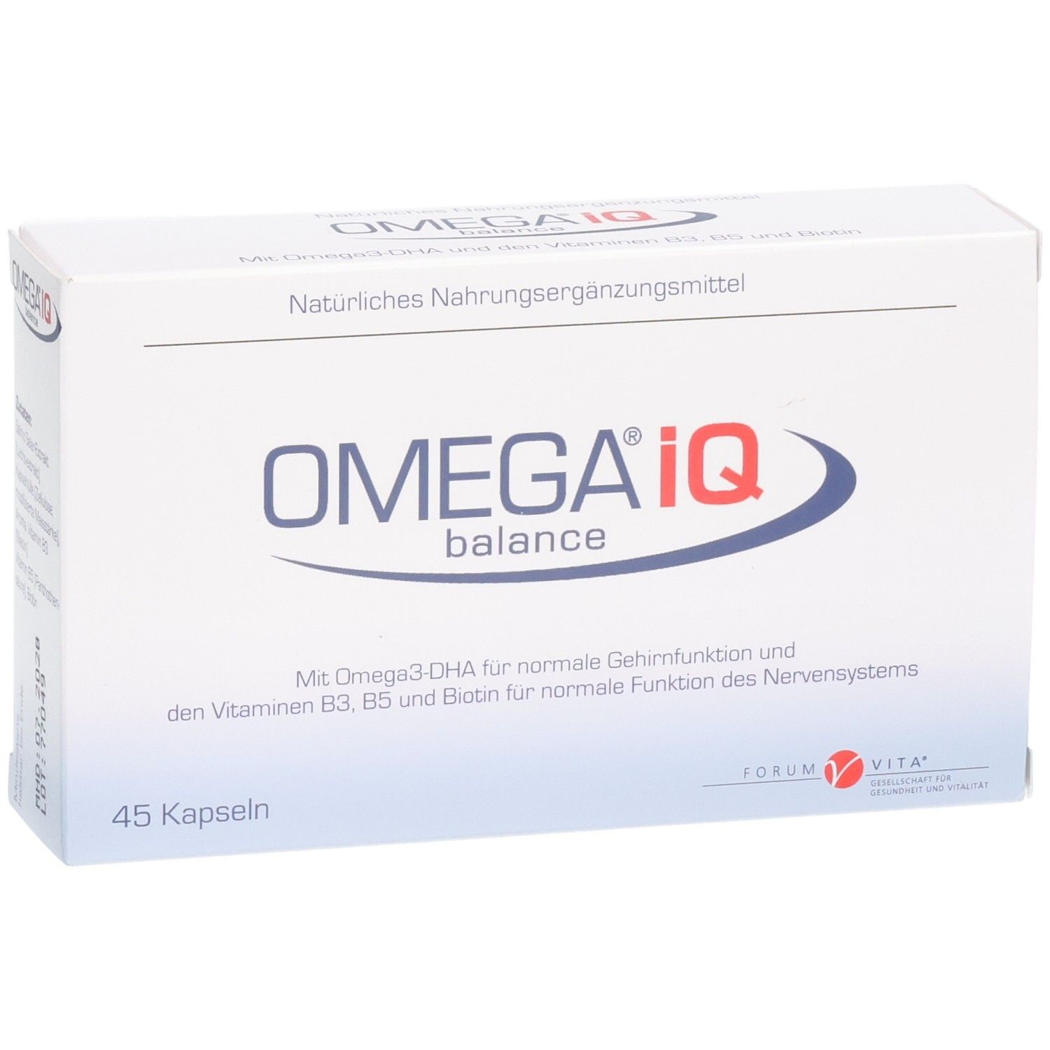 Gélules OMEGA IQ balance : Complément alimentaire naturel avec Oméga-3-DHA, vitamines B3, B5 et biotine. 45 gélules.
