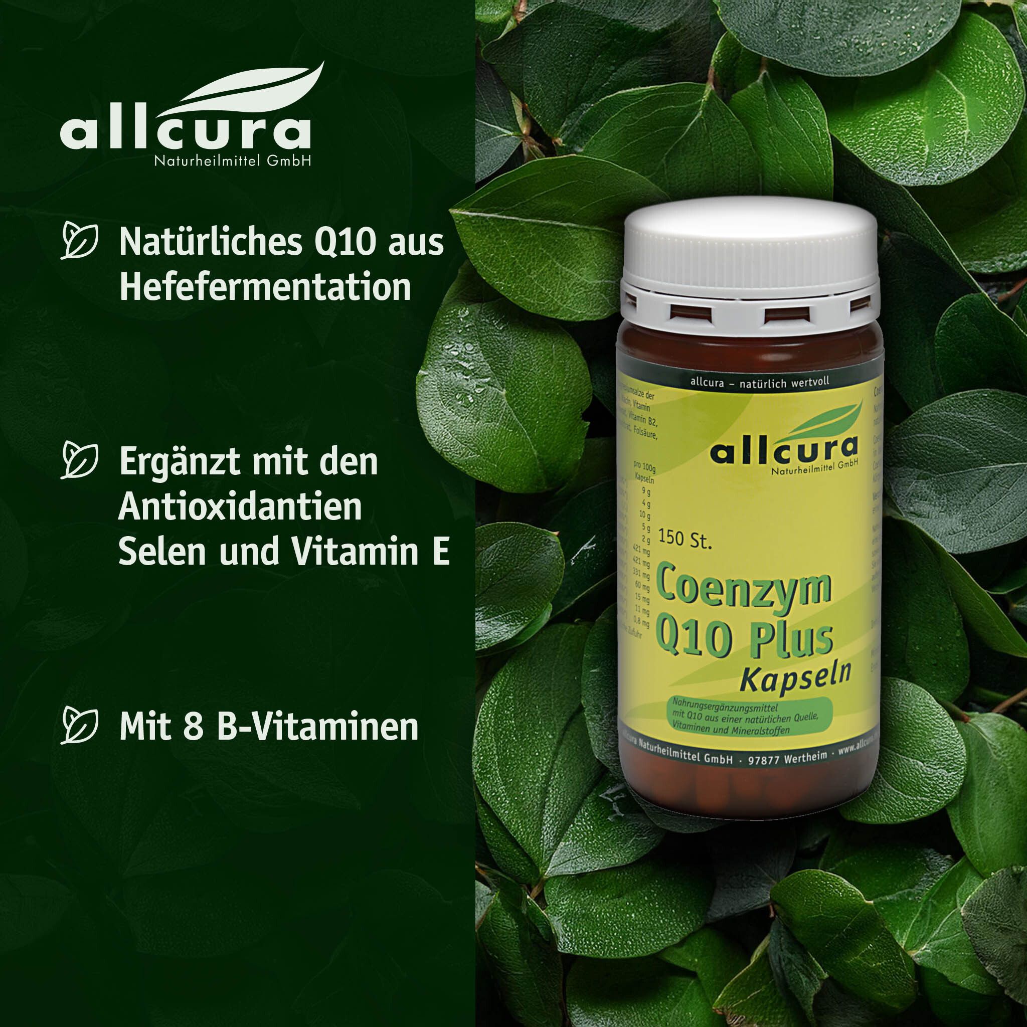 Flacon brun à couvercle blanc. Texte: allcura, Coenzym Q10 Plus Kapseln. Fond: feuilles vertes.