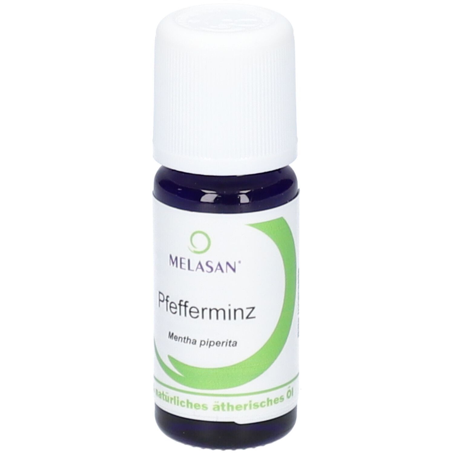 Flacon avec bouchon blanc. Inscription: Pfefferminz, Mentha piperita. Logo vert et texte Melasan.