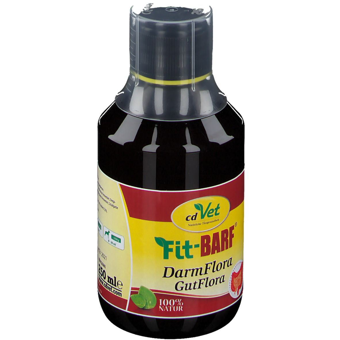 Braune Flüssigkeit in einer Flasche mit gelb-rotem Etikett. Aufschrift: Fit-BARF DarmFlora GutFlora. Marke: cdVet. 250 ml.