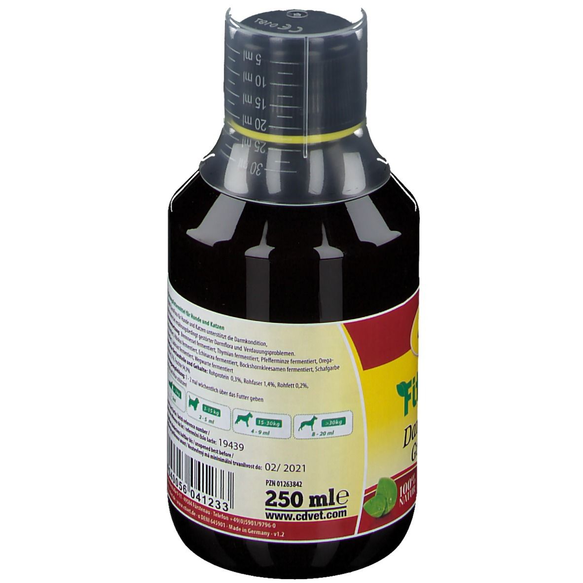 Flasche mit brauner Flüssigkeit. Aufschrift: Fit-BARF DarmFlora GutFlora. Marke: cdVet. 250 ml. Dosierskala am Flaschenhals.