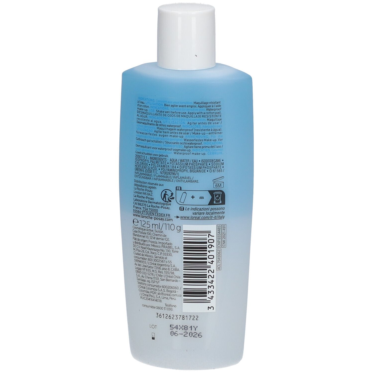 Rückseite Flasche Augen-Make-up-Entferner. Blau-weiß, mit weißem Deckel. Aufschrift: La Roche-Posay, Inhaltsstoffe, Gebrauchsanweisung, Chargennummer, Haltbarkeit.