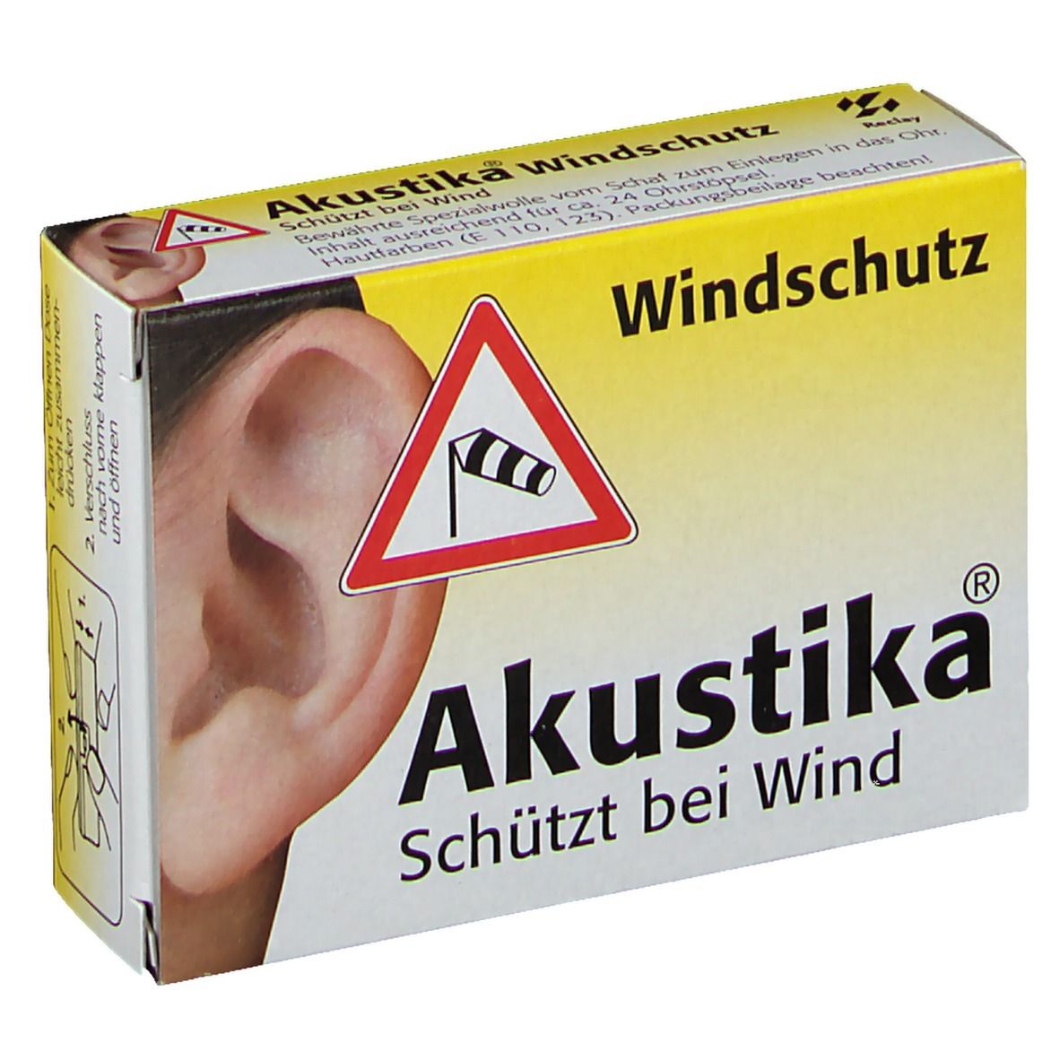 Emballage Akustika Windschutz. Jaune et blanc, avec image d'oreille et texte. Contient un avertissement et le nom du produit.