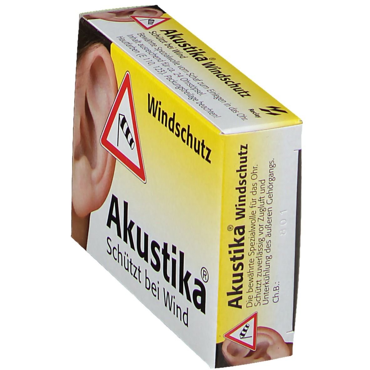 Emballage Akustika Windschutz en biais. Jaune et blanc, avec image d'oreille et texte. Contient un avertissement et le nom du produit.