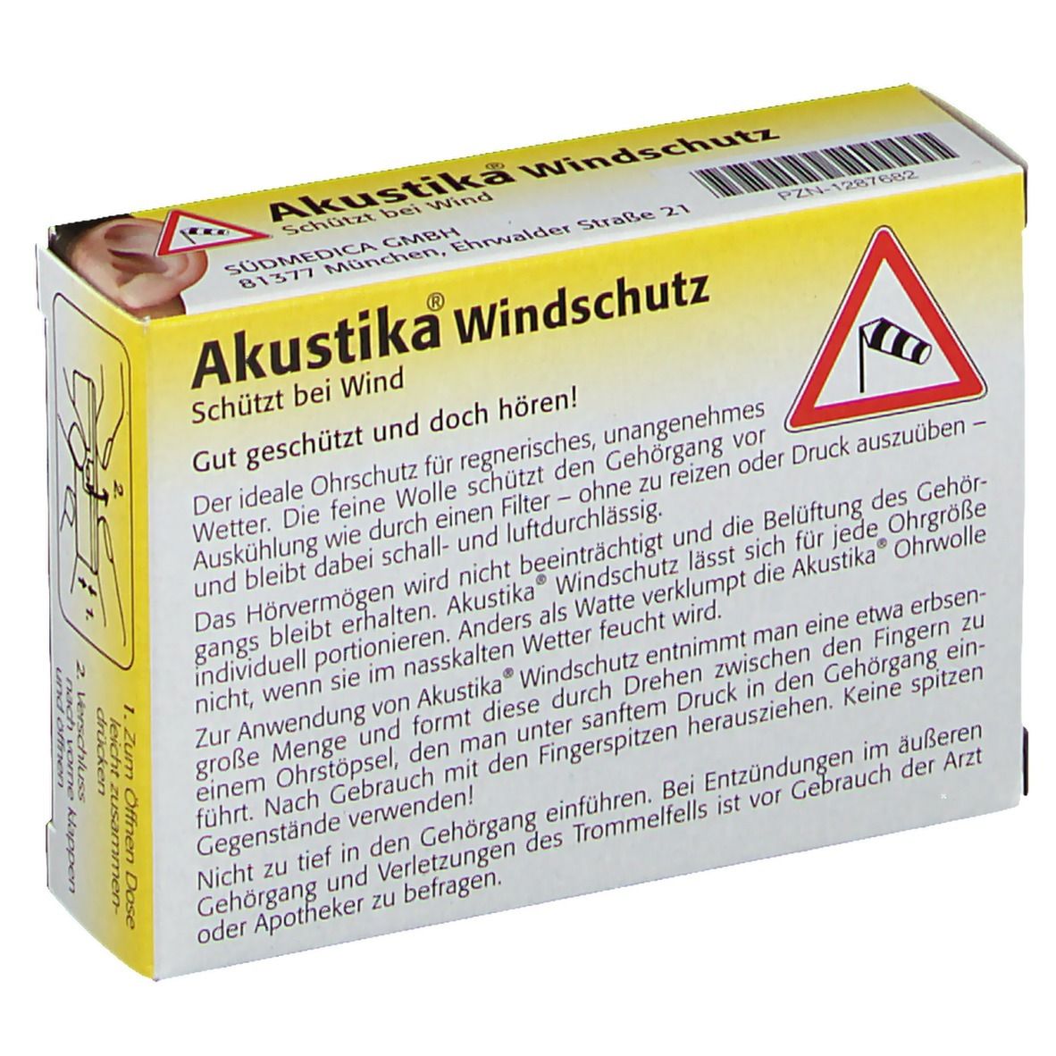 Dos de l'emballage Akustika Windschutz. Jaune et blanc, avec texte. Contient des informations sur le produit et des avertissements.