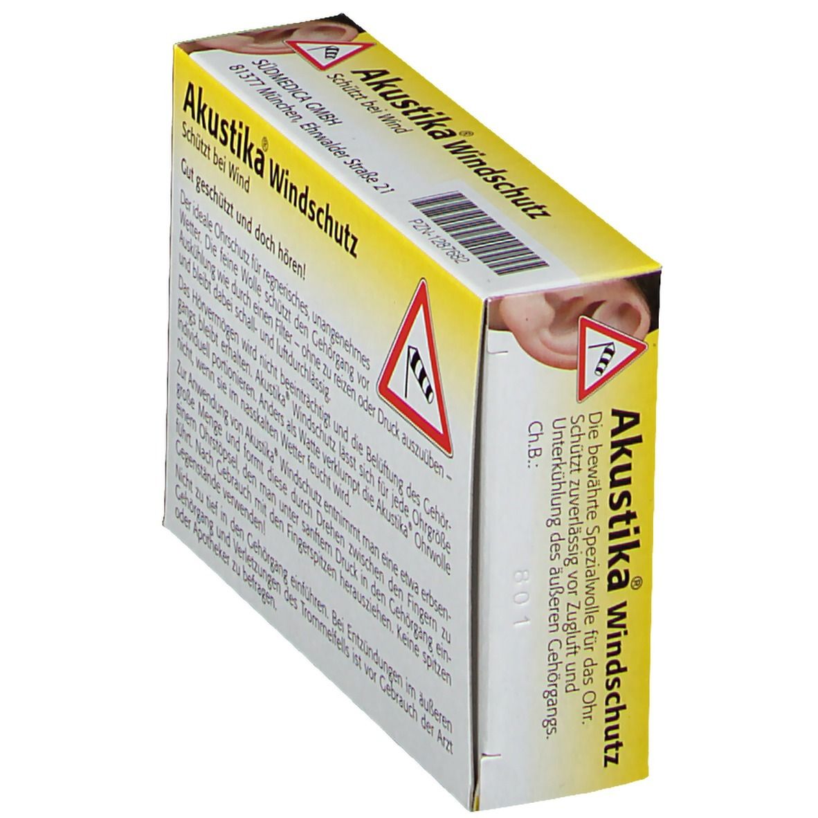 Emballage Akustika Windschutz en biais. Jaune et blanc, avec texte. Contient des informations sur le produit et des avertissements.