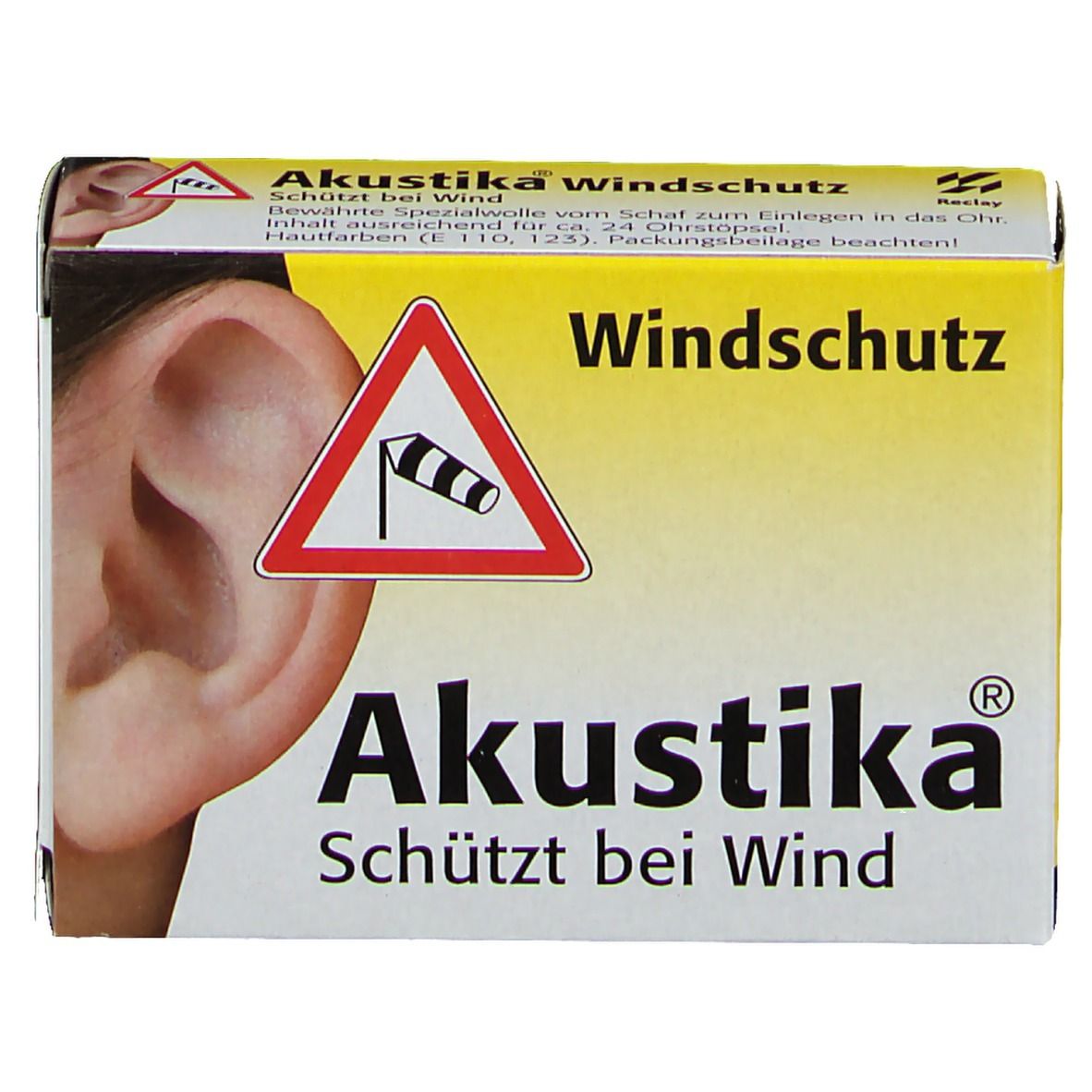 Emballage Akustika Windschutz. Jaune et blanc, avec image d'oreille et texte. Contient un avertissement et le nom du produit.