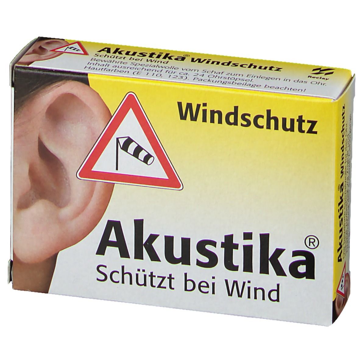 Emballage Akustika Windschutz. Jaune et blanc, avec image d'oreille et texte. Contient un avertissement et le nom du produit.