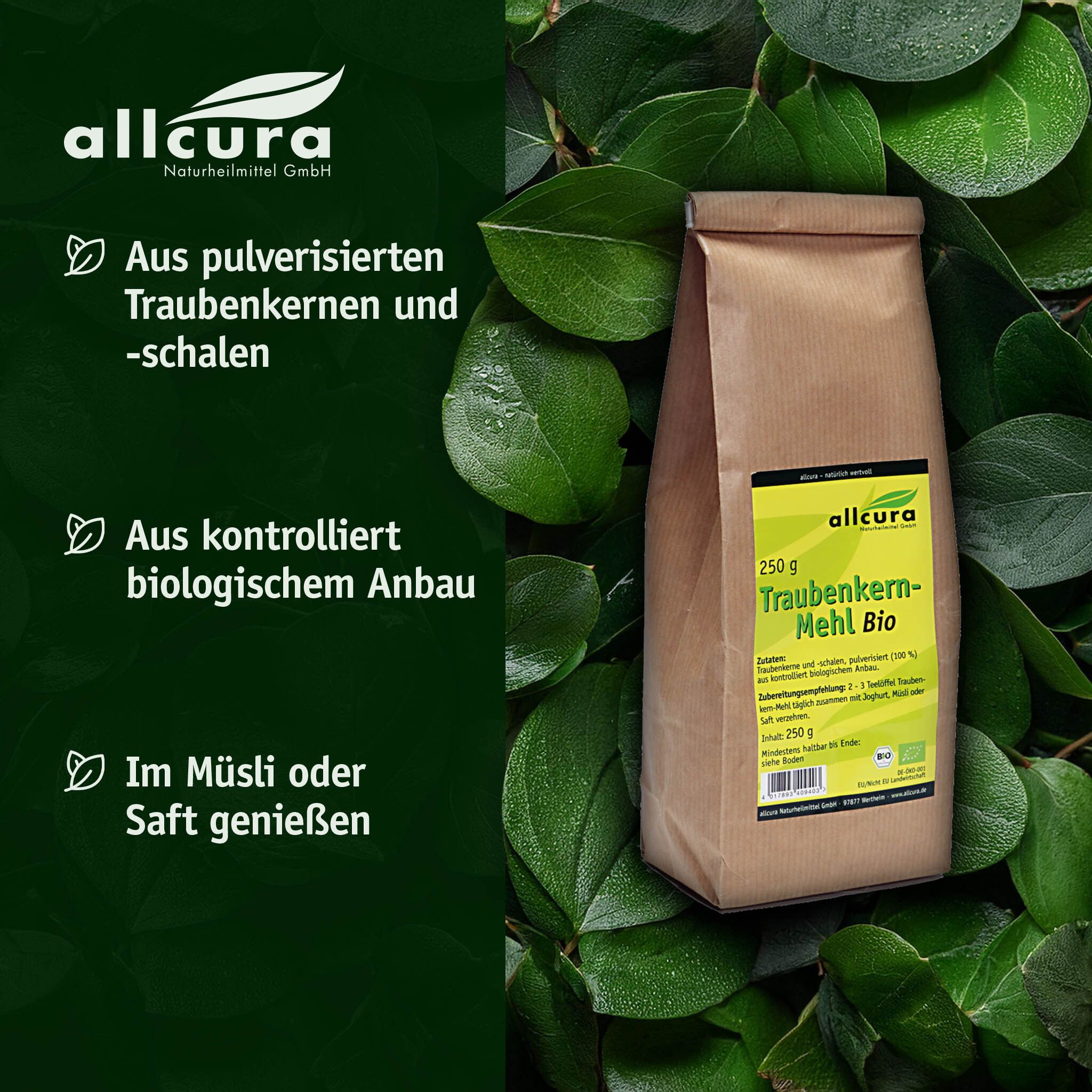 Sac en papier brun avec étiquette jaune, entouré de feuilles vertes. Texte : Traubenkern-Mehl Bio. Label bio.