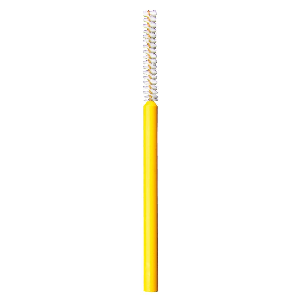 Ein einzelner gelber Interdentalbürstenkopf mit weißer Spirale.