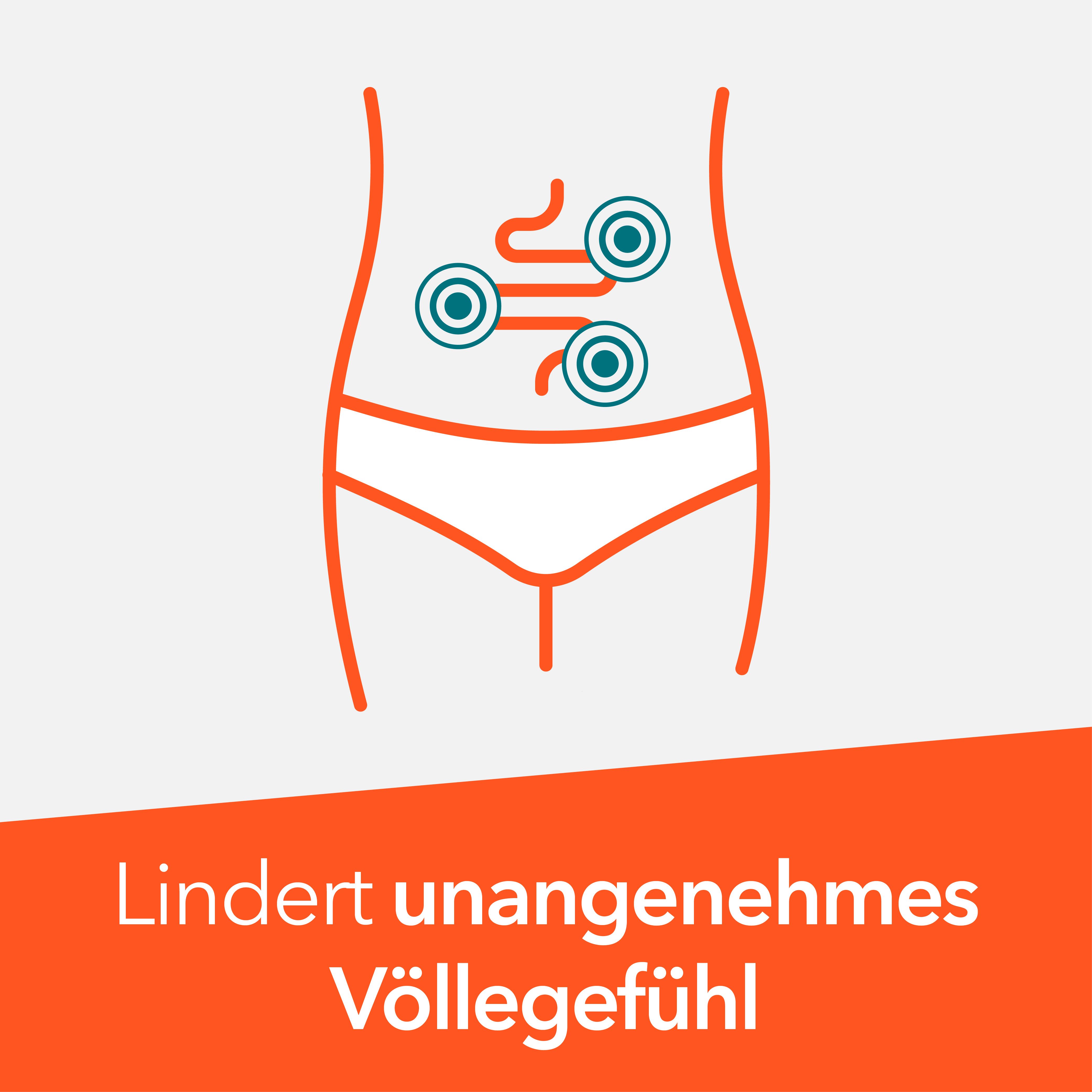 Illustration du système digestif avec trois cercles. Bande orange avec texte : Lindert unangenehmes Völlegefühl.