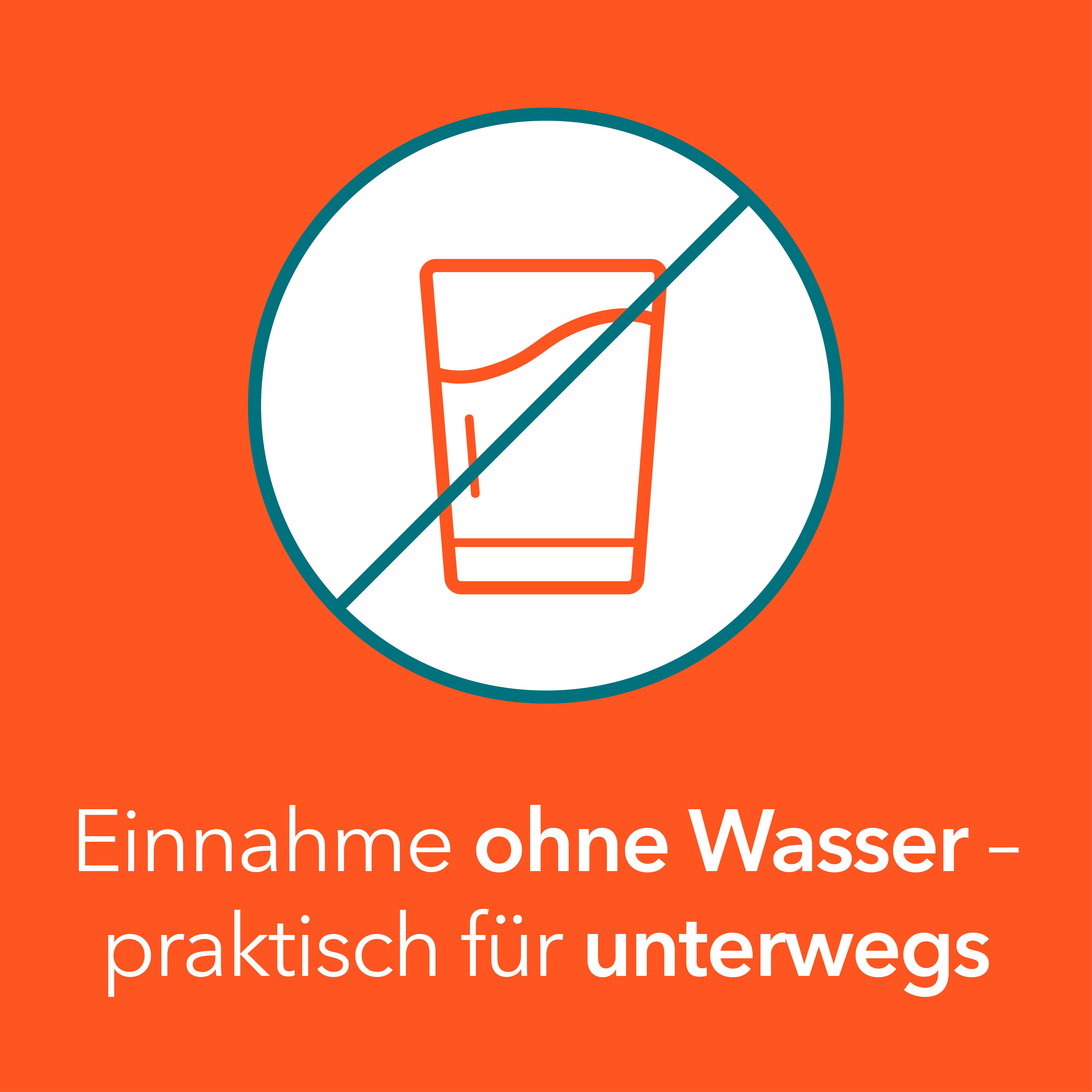 Verre avec symbole barré. Bande orange avec texte : Einnahme ohne Wasser - praktisch für unterwegs.