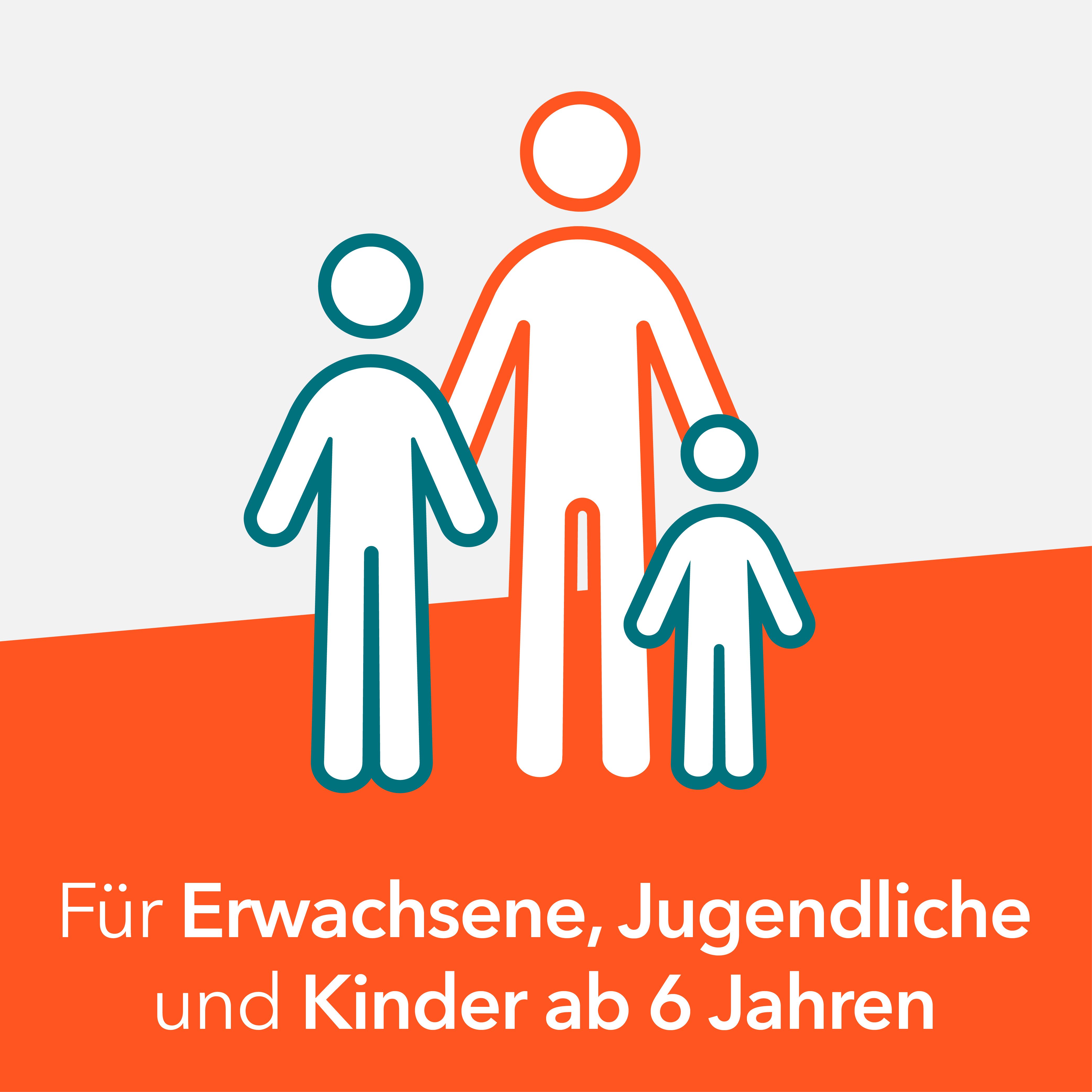 Illustration d'adultes et d'enfants. Bande orange avec texte : Für Erwachsene, Jugendliche und Kinder ab 6 Jahren.