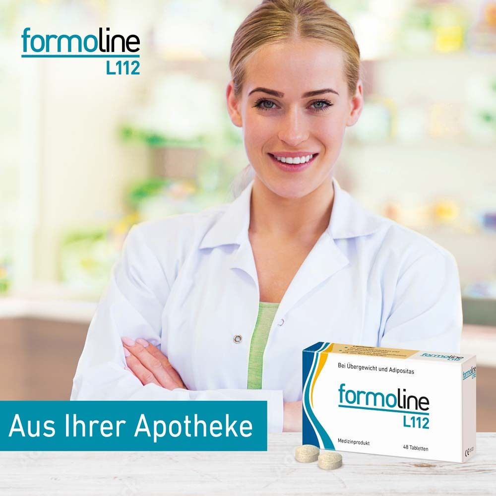 Frau im weißen Kittel hält eine Schachtel formoline L112. Aufschrift: Aus Ihrer Apotheke.
