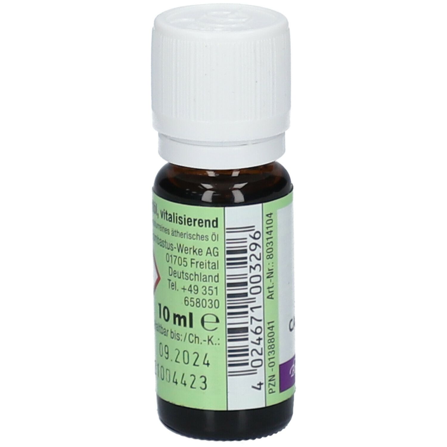 Flacon en verre brun avec bouchon blanc. Étiquette avec informations produit, 10 ml et date de péremption.