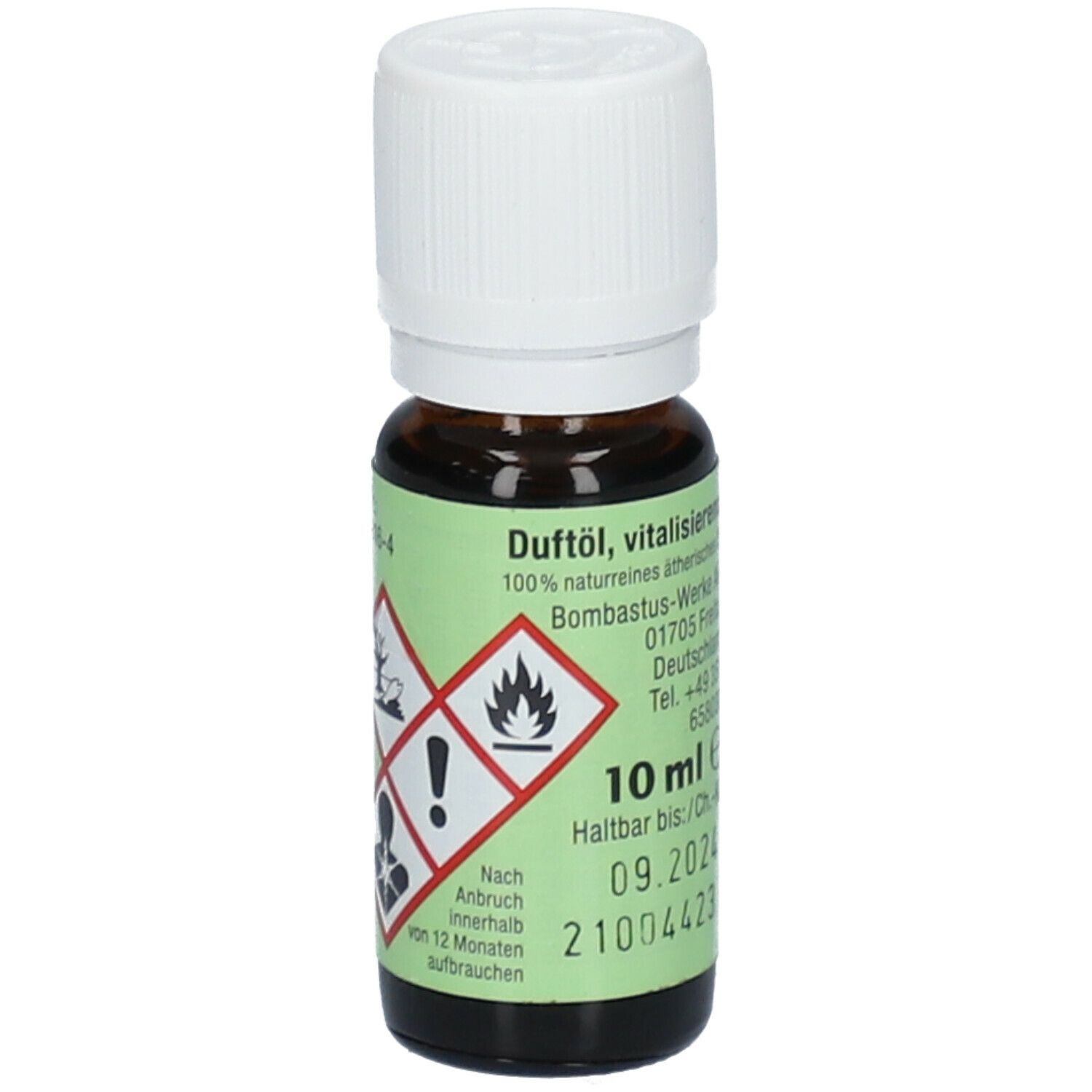 Flacon en verre brun avec bouchon blanc. Étiquette avec avertissements et 10 ml. Symboles de danger.