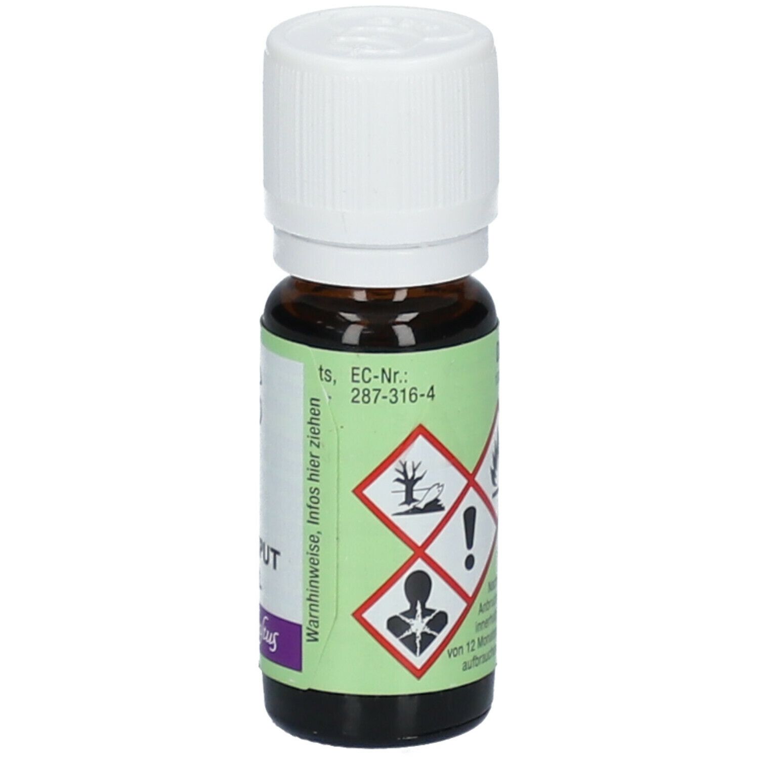 Flacon en verre brun avec bouchon blanc. Étiquette avec avertissements et symboles de danger.