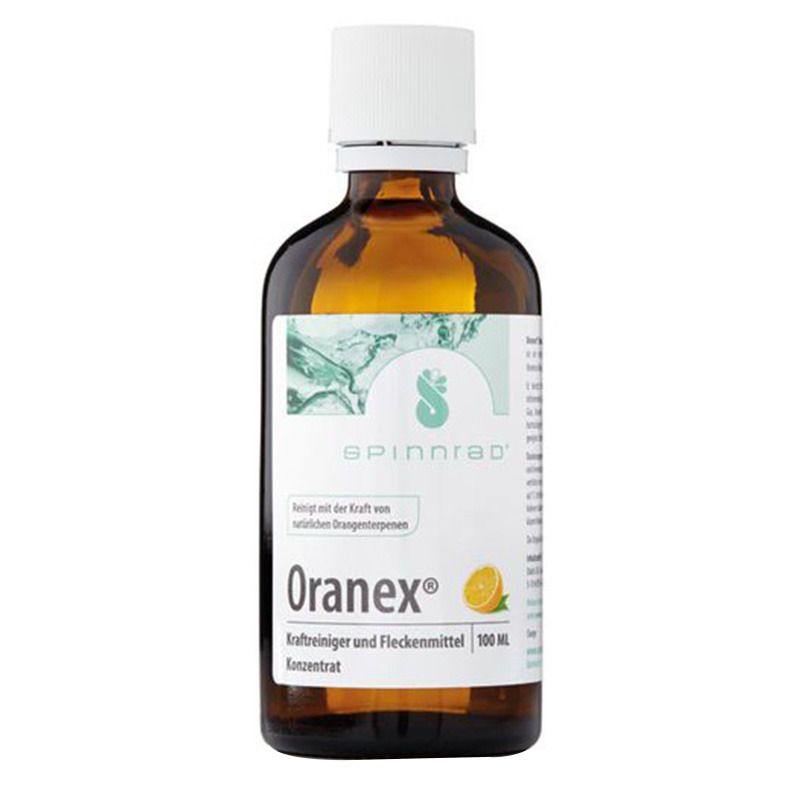 Braune Glasflasche mit weißem Deckel. Etikett mit Produktnamen Oranex®, Marke Spinnrad®. Enthält 100 ml.