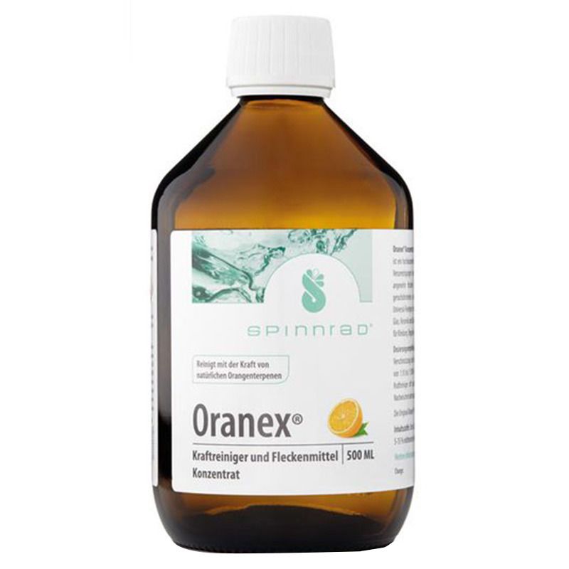 Braune Flasche mit weißem Deckel. Etikett mit Produktnamen Oranex®, Marke Spinnrad®. 500 ml.