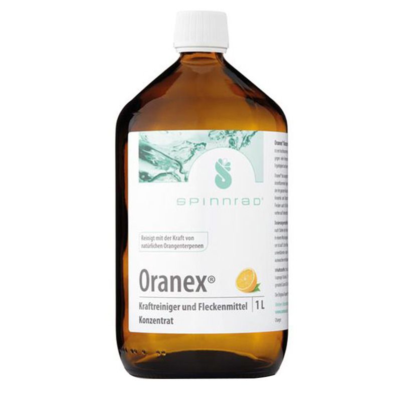 Bouteille marron avec bouchon blanc. Étiquette avec nom du produit Oranex®, logo et texte. Indication 1L.