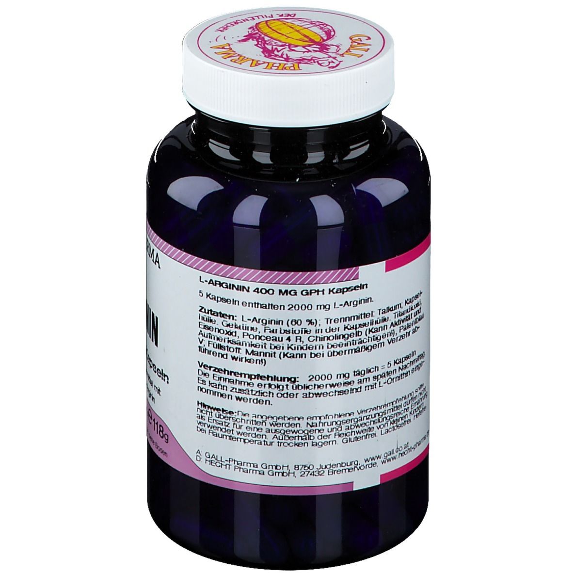 Flacon violet foncé avec bouchon blanc. Étiquette avec informations produit et liste des ingrédients. Contient 5 gélules de L-Arginine.
