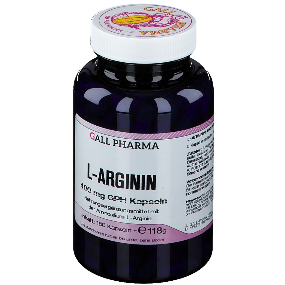 Flacon violet foncé avec bouchon blanc. Étiquette avec informations produit : L-Arginine 400 mg GPH capsules. Contenu : 180 capsules.