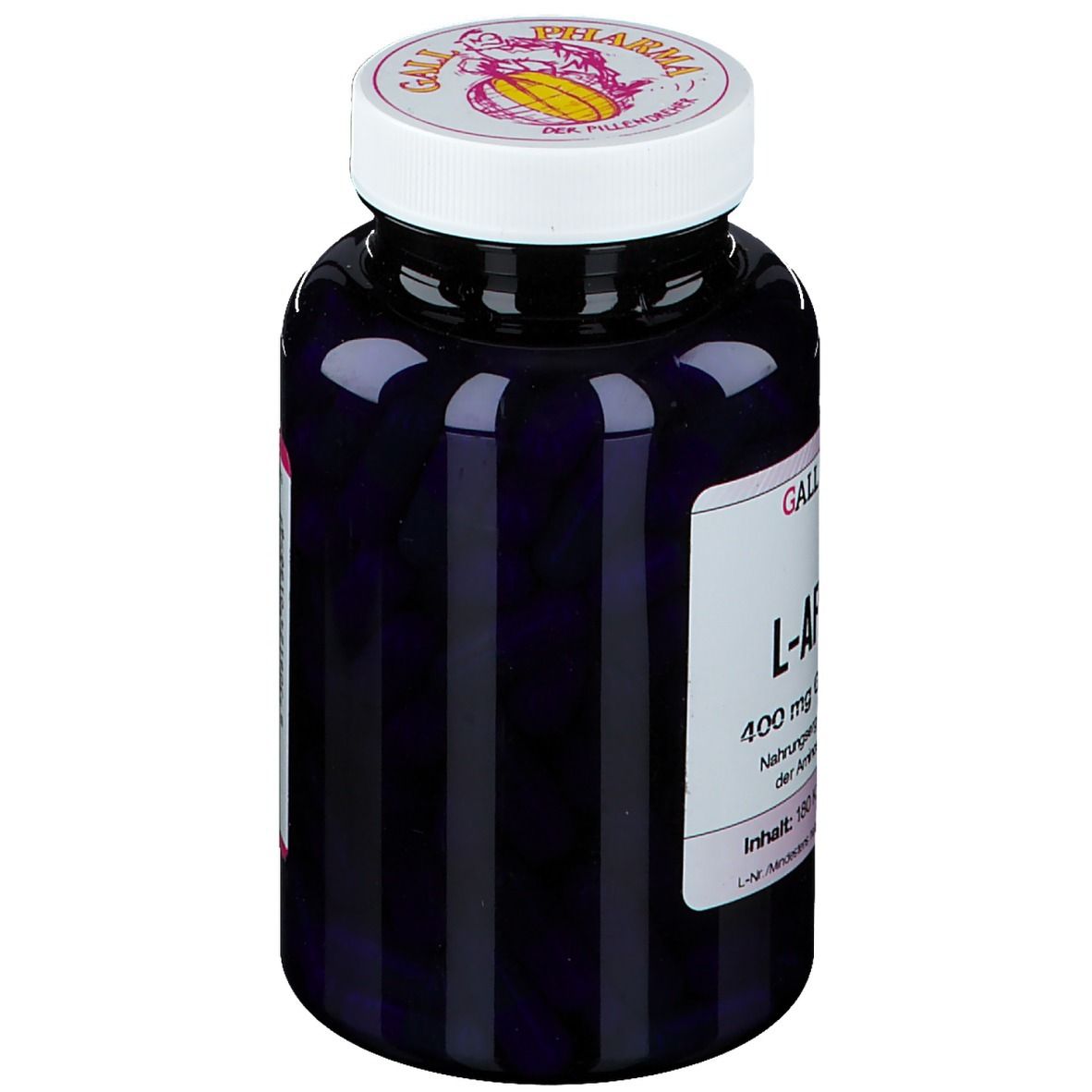 Flacon violet foncé avec bouchon blanc. Étiquette avec informations produit. Gélules visibles à l'intérieur.