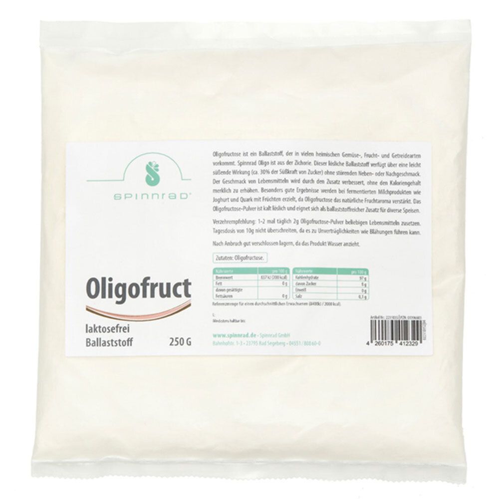Sachet de poudre blanche. Inscription : Oligofruct, sans lactose, fibres, 250 g. Logo Spinnrad®.