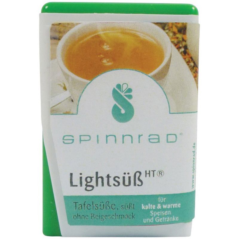Verpackung mit Spinnrad Lightsüß HT. Grün-weißes Design mit Logo und Produktbezeichnung. Text: Tafelsüße, süßt, ohne Beigeschmack.