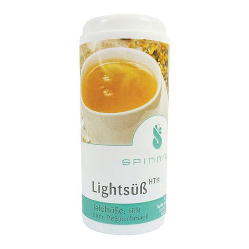Zylindrische Dose mit weißem Deckel. Aufdruck mit Produktnamen Lightsüß HT® und Logo. Abbildung einer Tasse mit gelber Flüssigkeit.